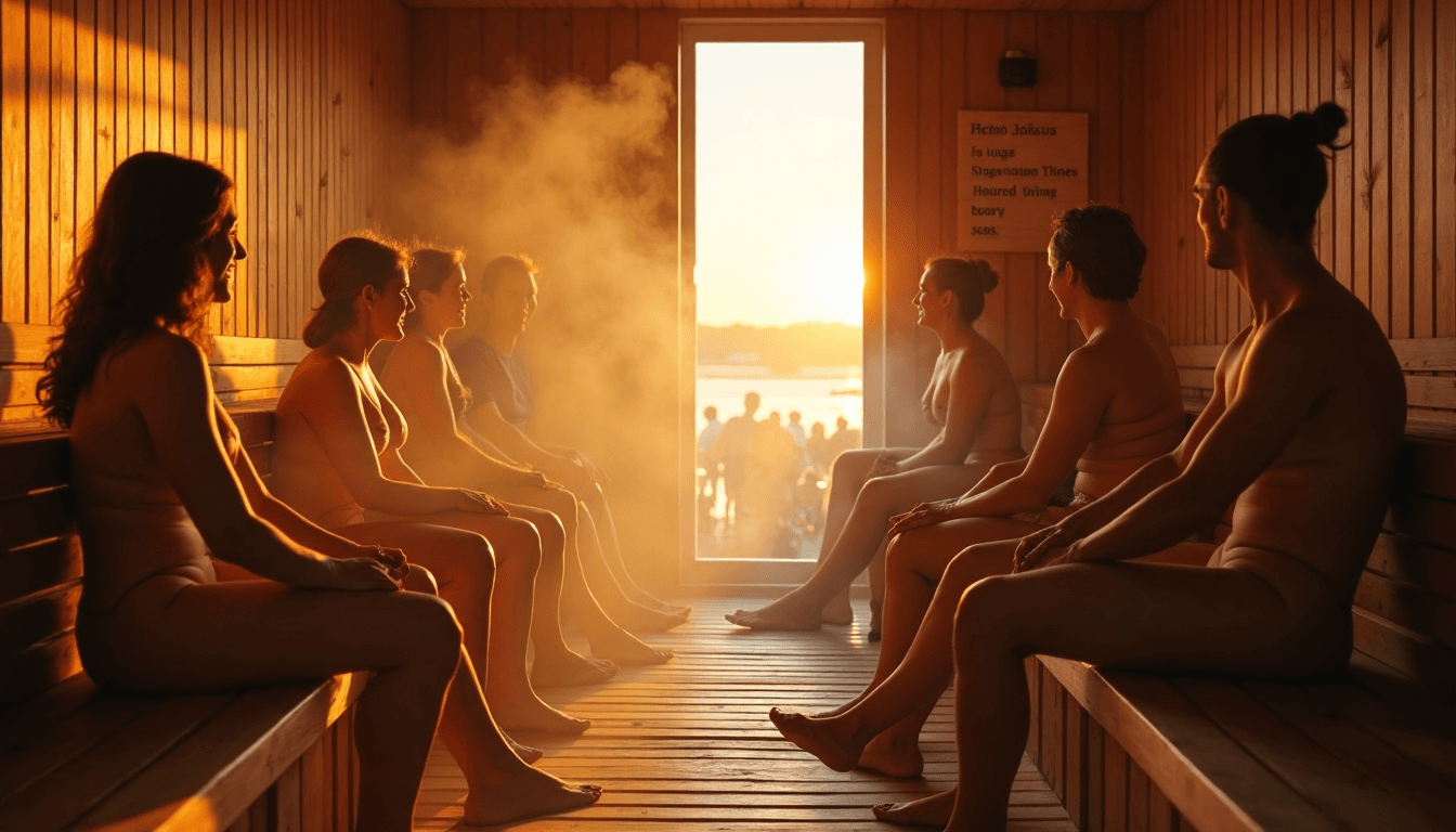 People relaxing in a sunlit Finnish sauna with wall signage