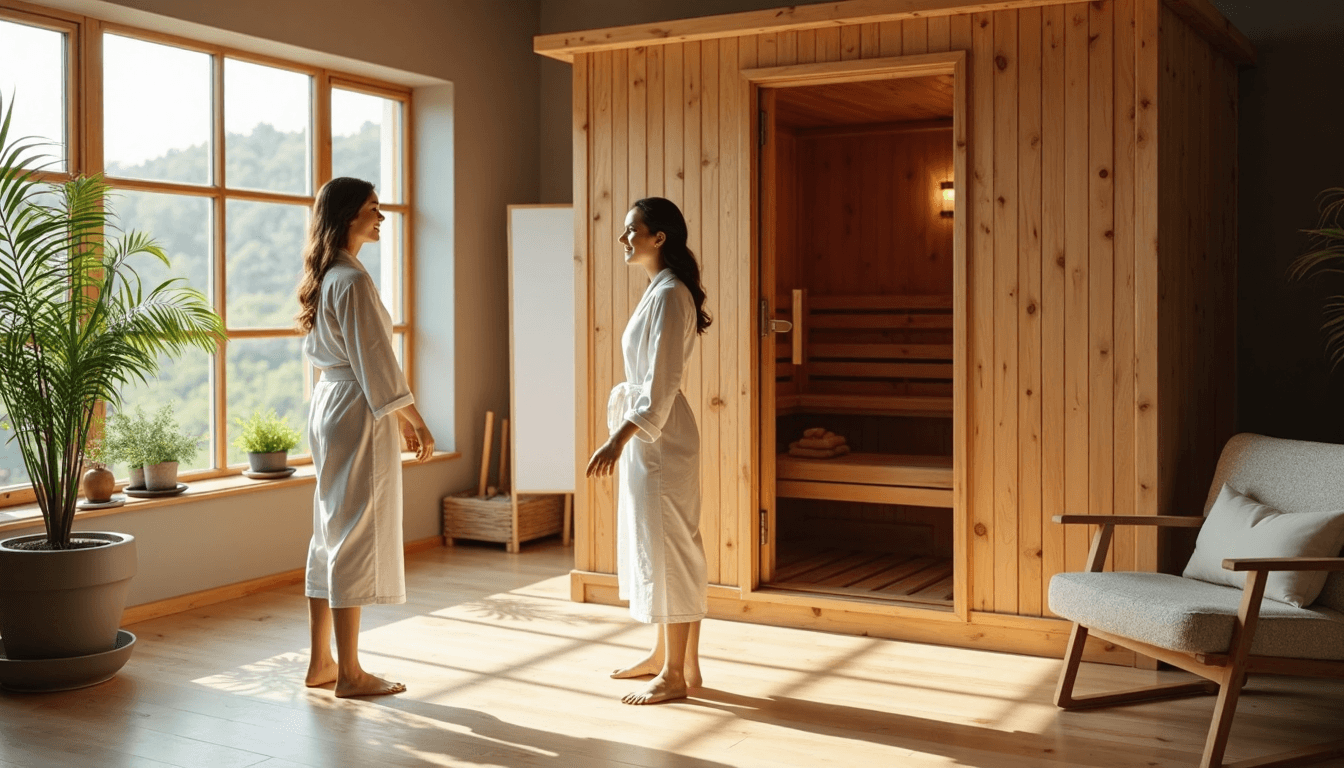 Modern sauna wellness studio with greeting friends at entrance