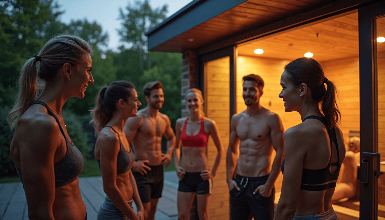 Diverse athletes by gym sauna with recovery sign