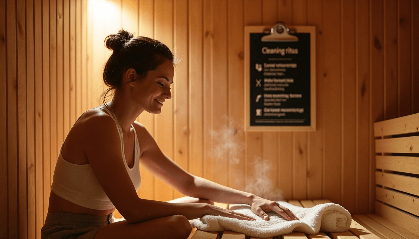 Person cleaning wood sauna bench with towel under warm light
