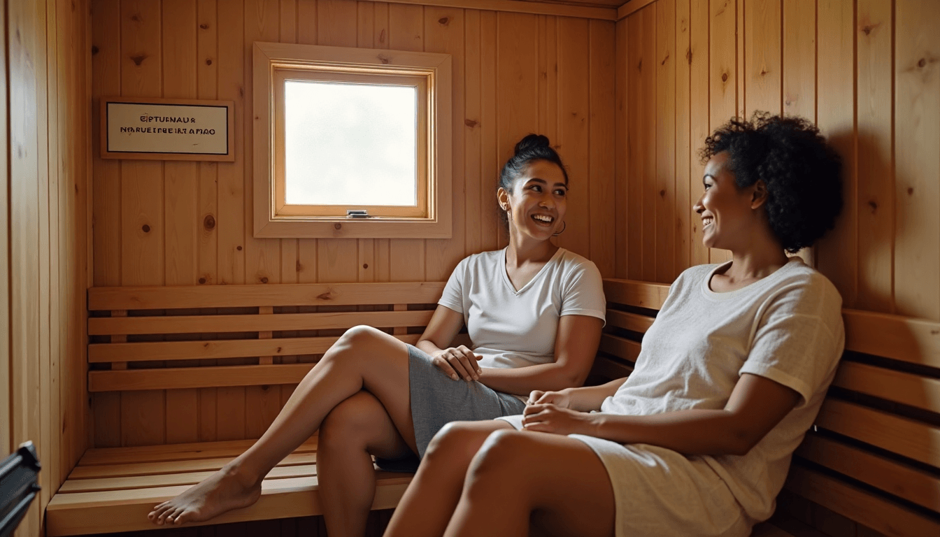 Two people relax in a cozy, clean wood sauna interior