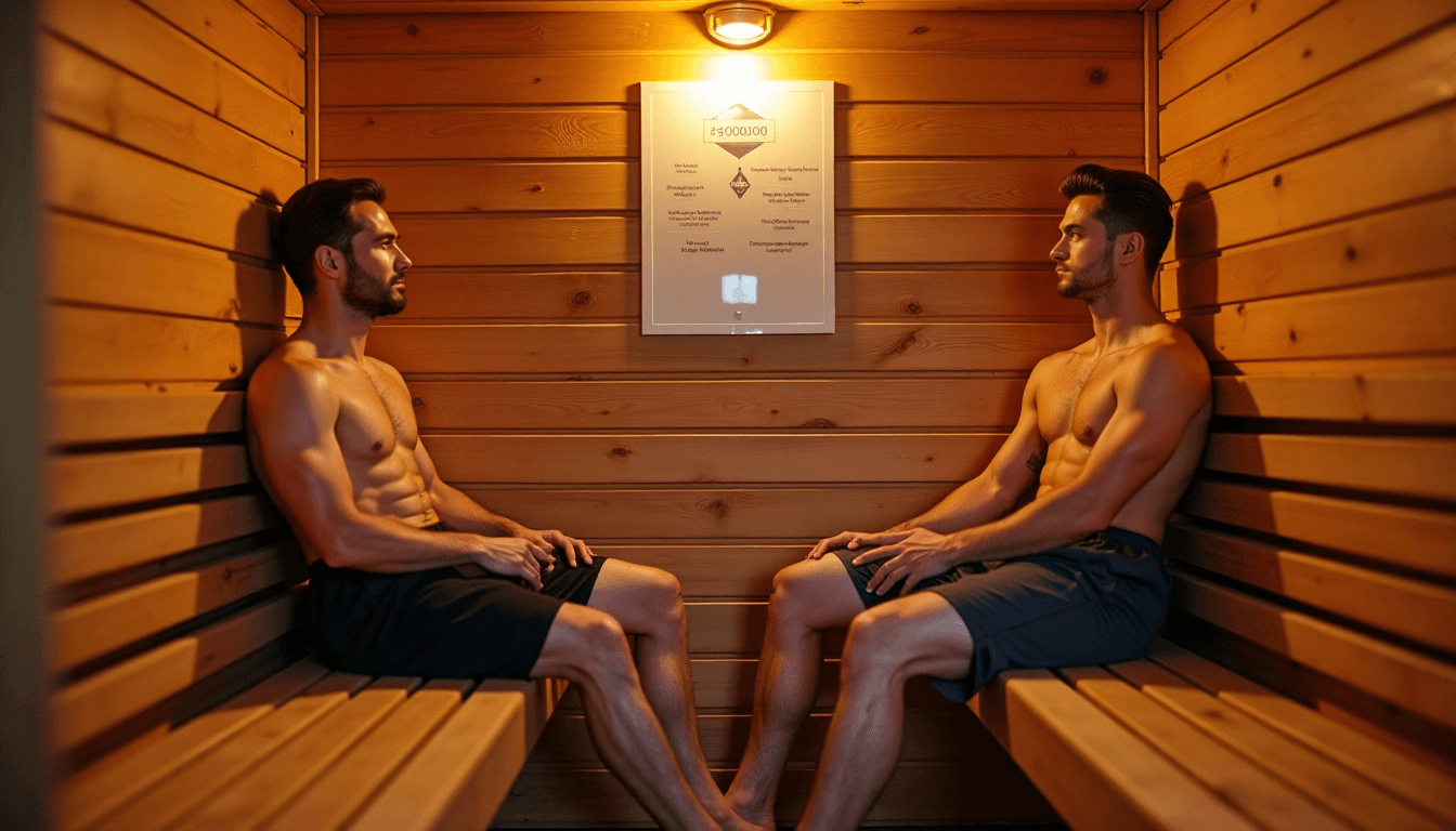 Athletes relaxing and hydrating inside a wood sauna