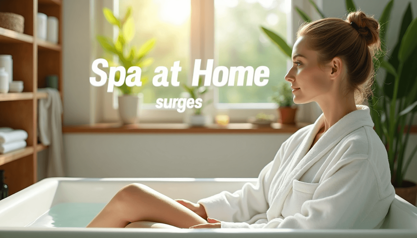 Sunlit modern bathroom home spa with woman relaxing