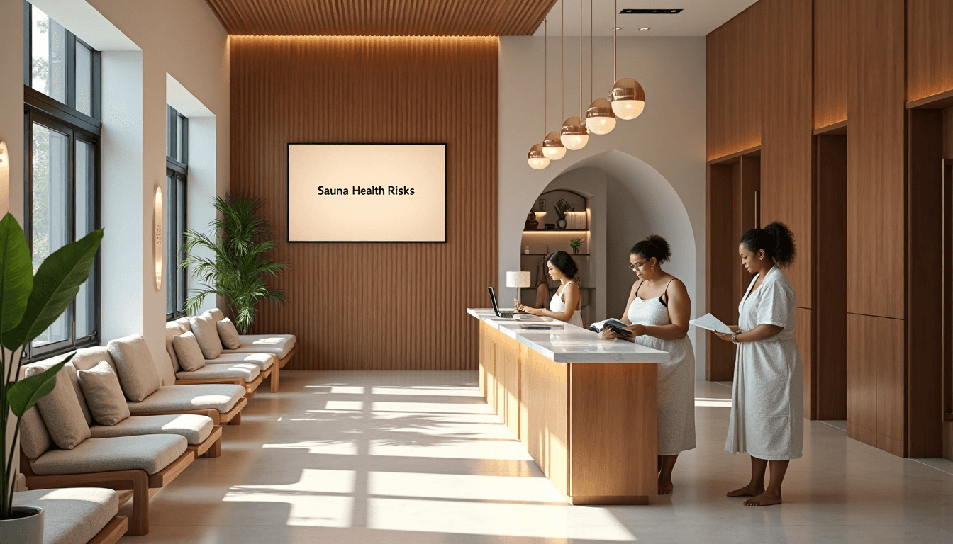 Wellness spa lobby with people and sauna health risks sign