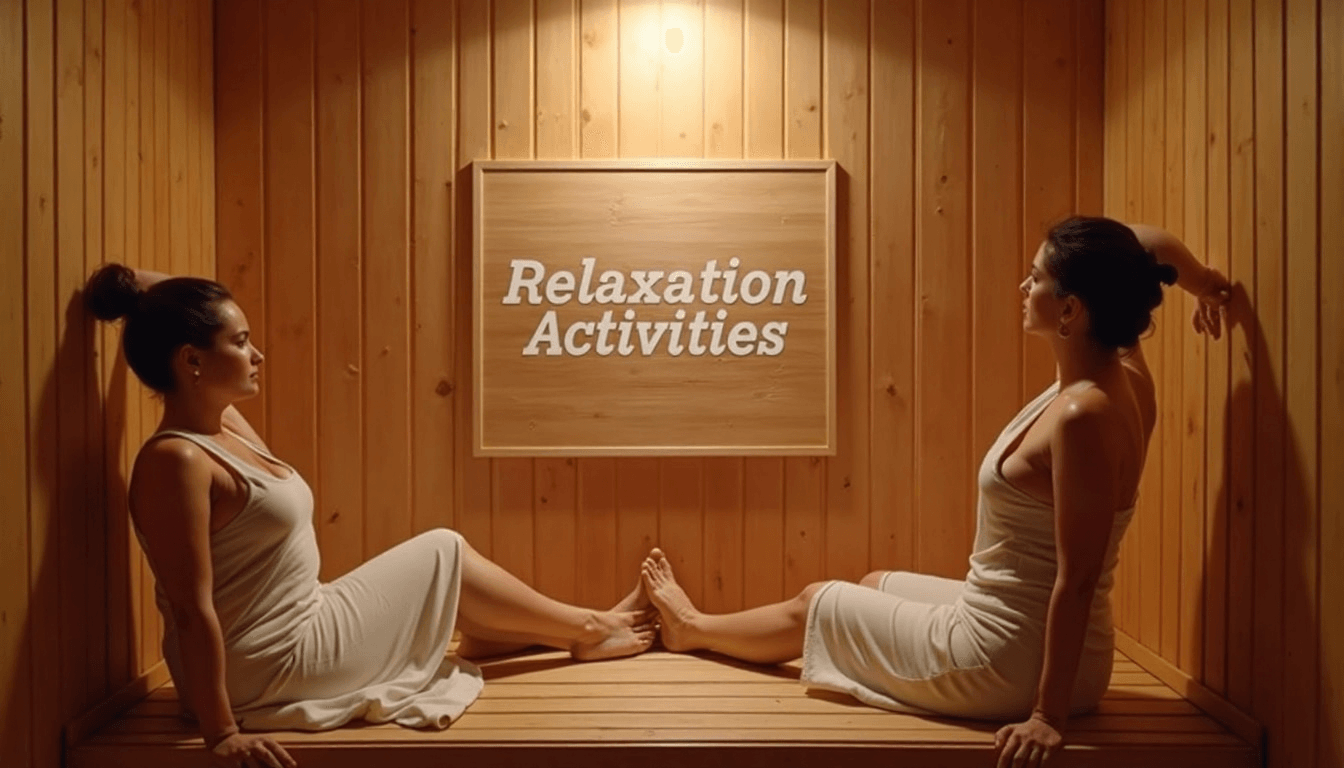 Three people gently stretching inside a cozy sauna
