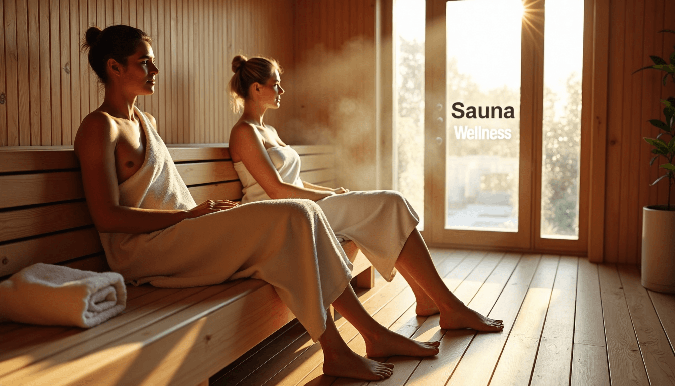 Two adults relaxing in sunlit modern sauna interior