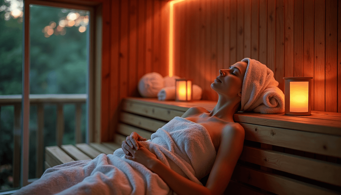 Woman relaxes under ambient lights in a tranquil sauna atmosphere