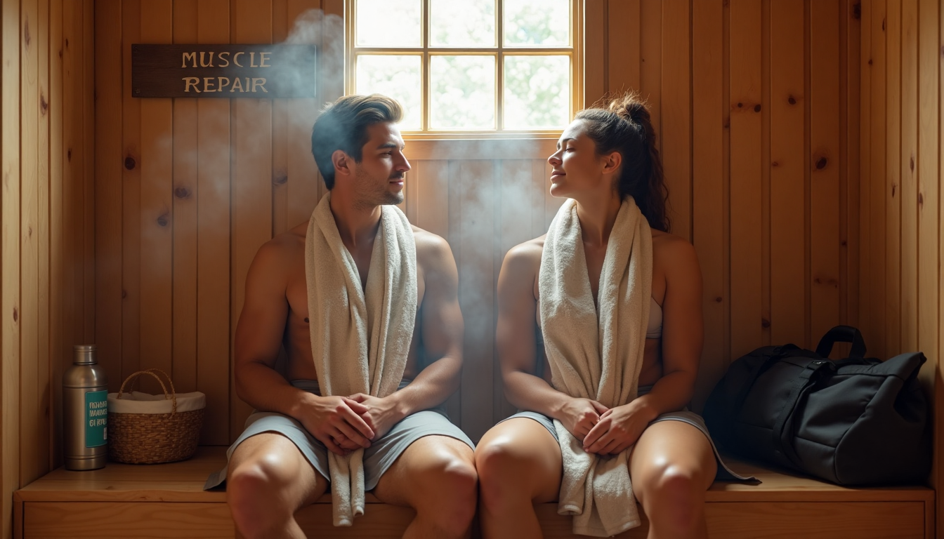 Athletes relaxing in sauna for post-exercise muscle repair