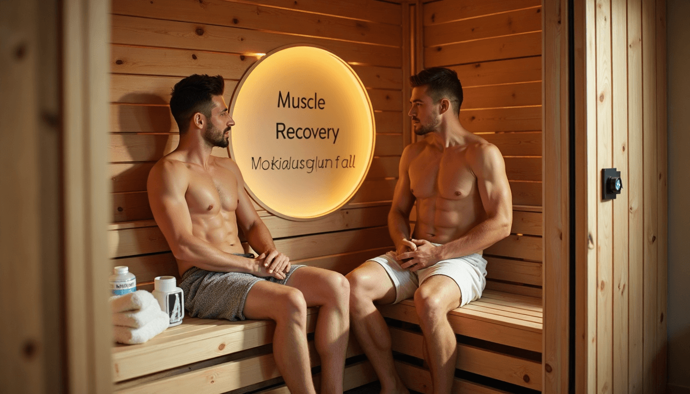Man and woman relaxing in sauna after workout with 'Muscle Recovery' sign.