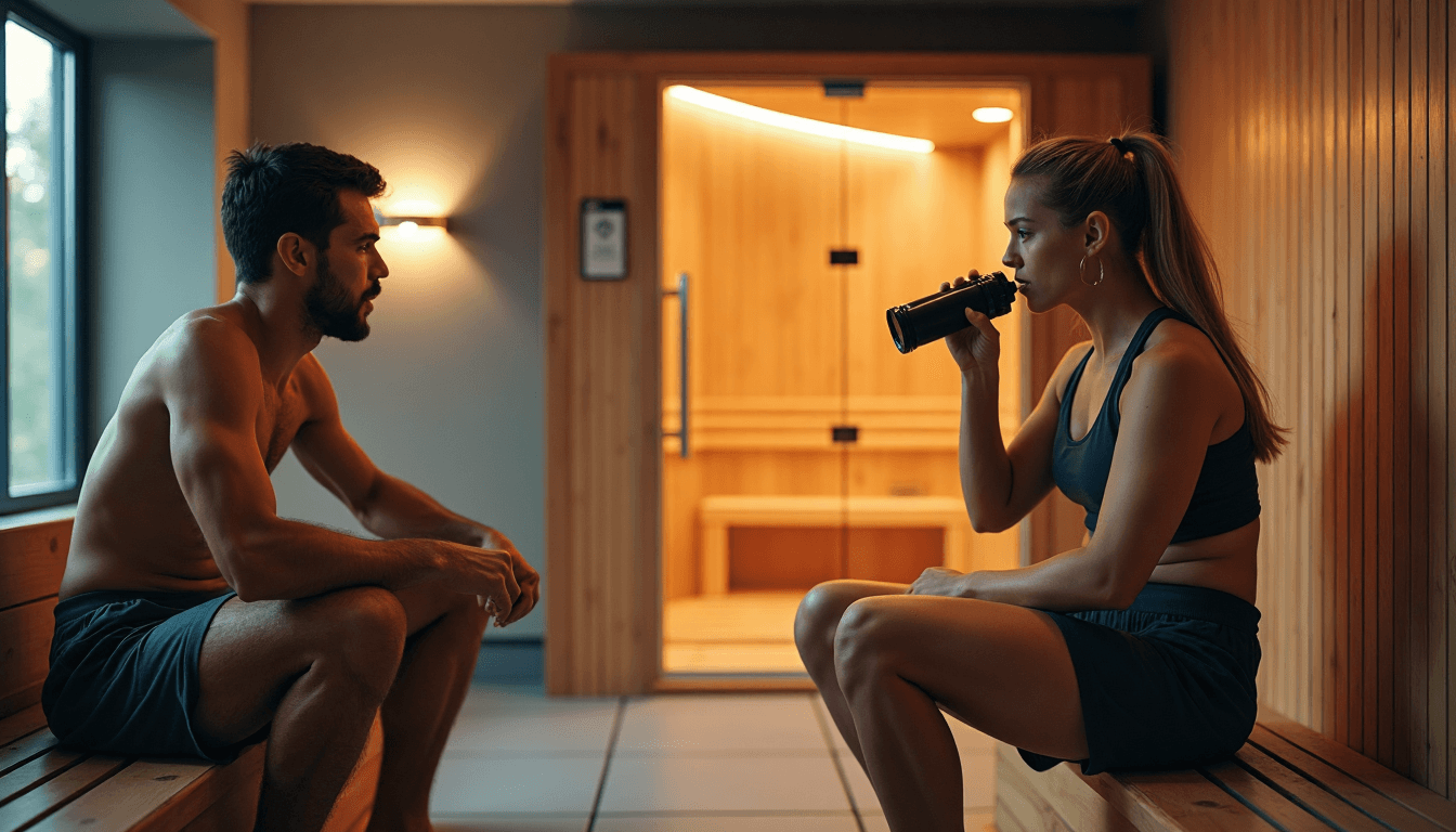 Tired athletes outside sauna, sign says 'Post Workout Relief'.