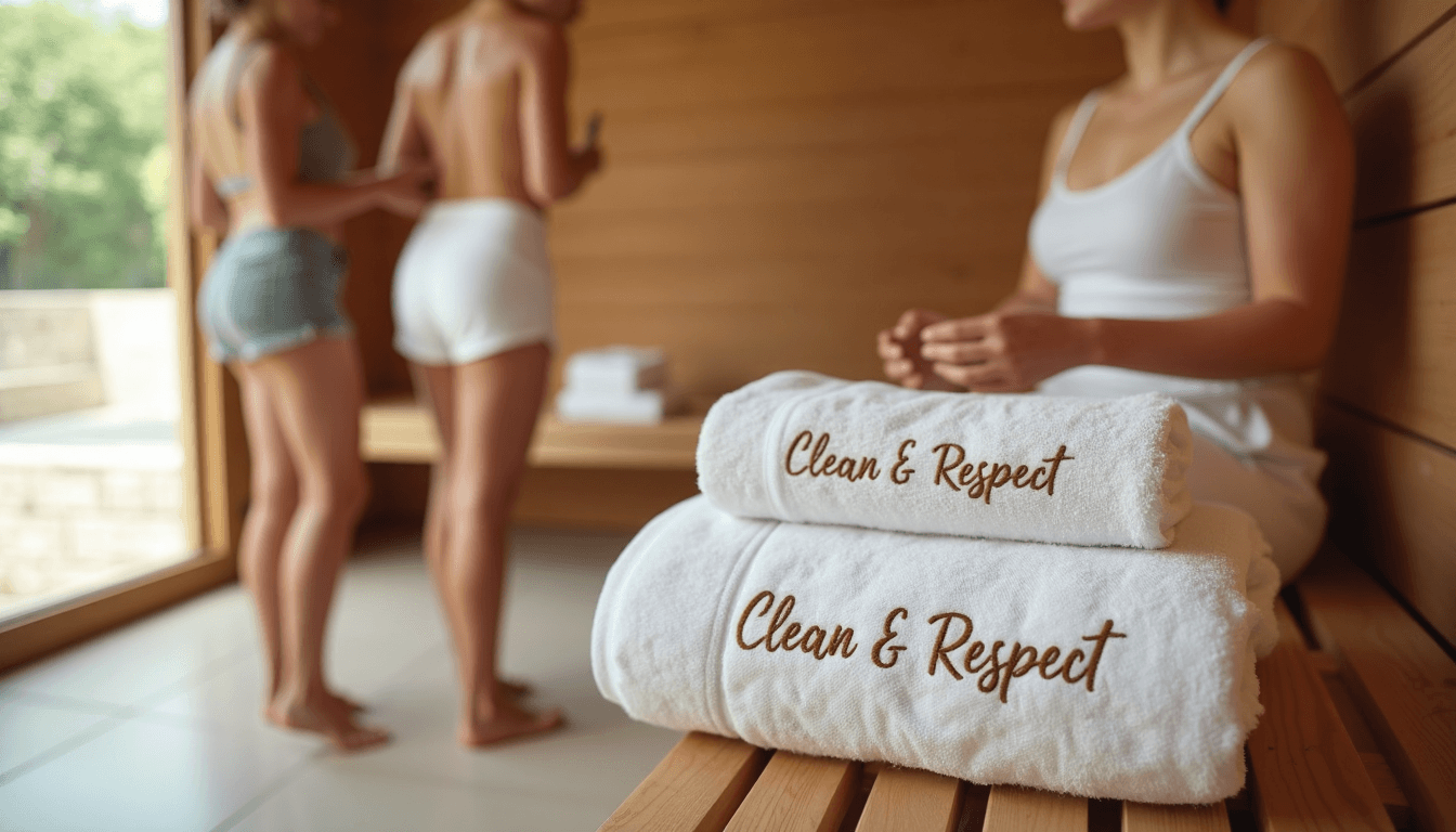 Friends demonstrating sauna hygiene, towels say Clean & Respect