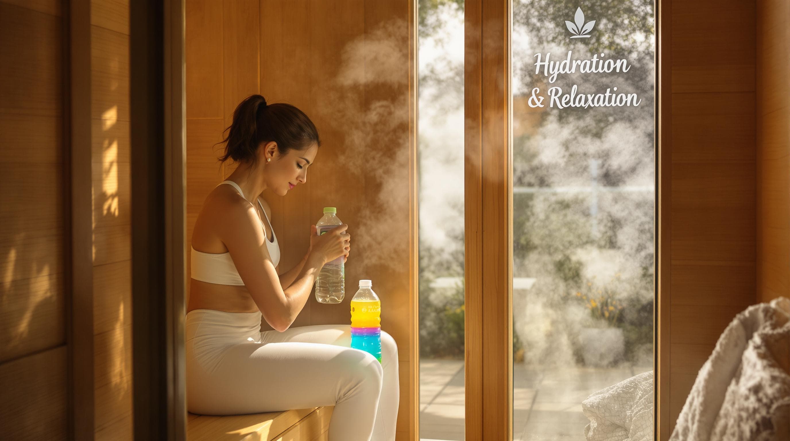 Person preparing for sauna with water and electrolyte drink by wooden sauna door