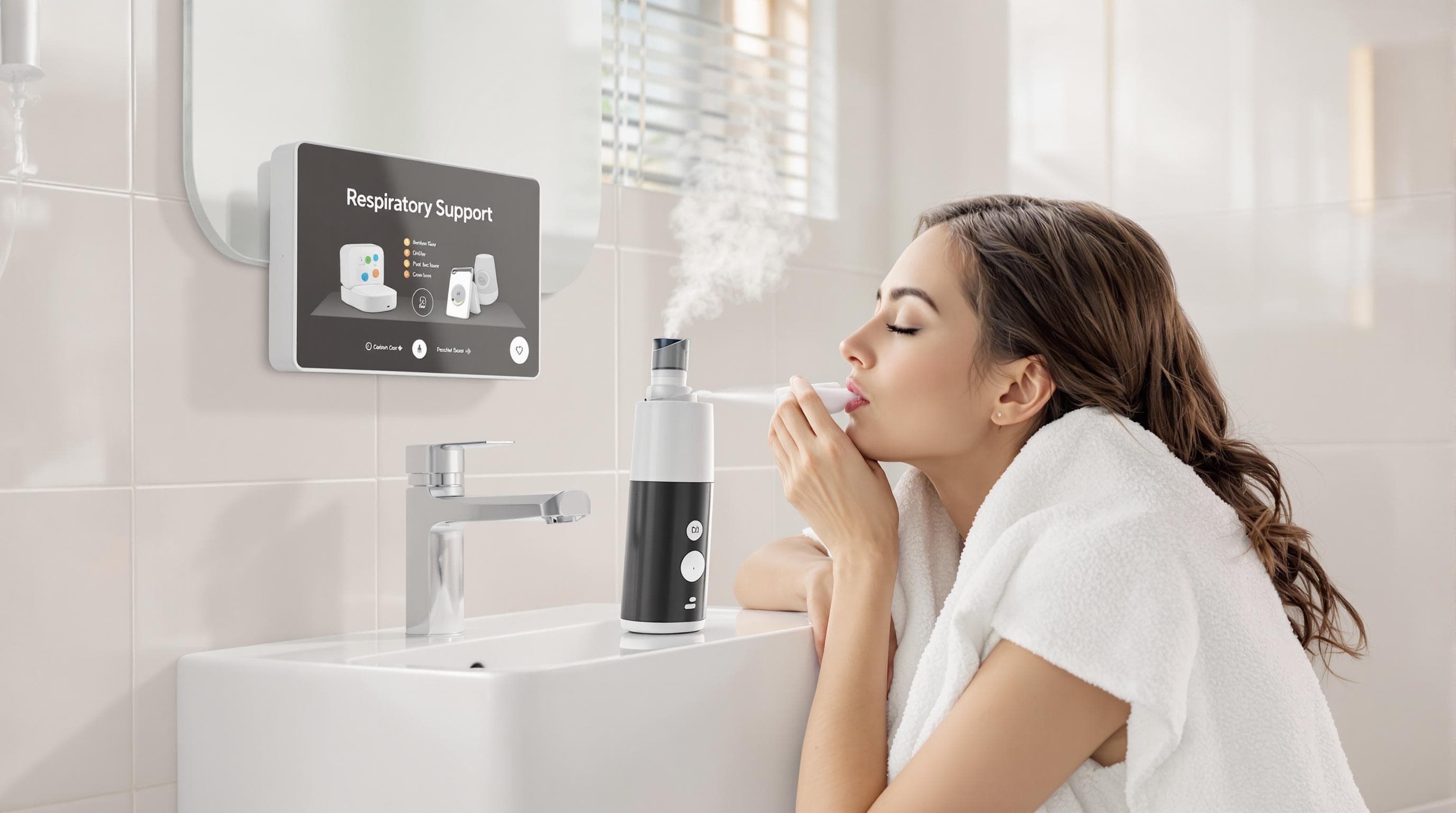 Woman using home steam inhaler with 'Respiratory Support' on screen
