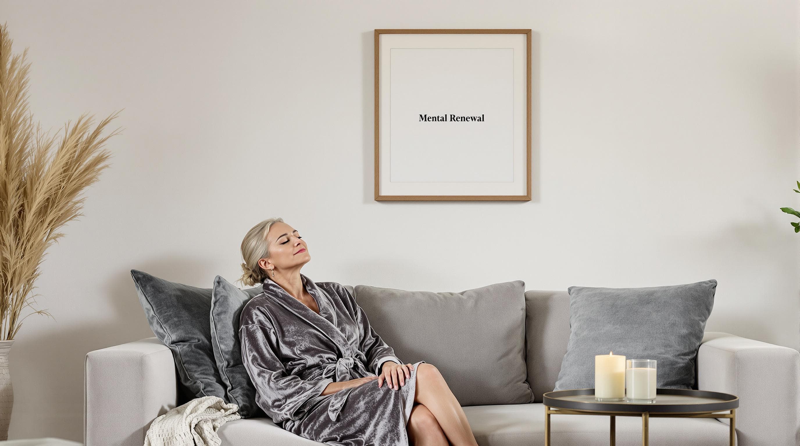 Peaceful woman in robe relaxing after sauna, 'Mental Renewal' art on wall
