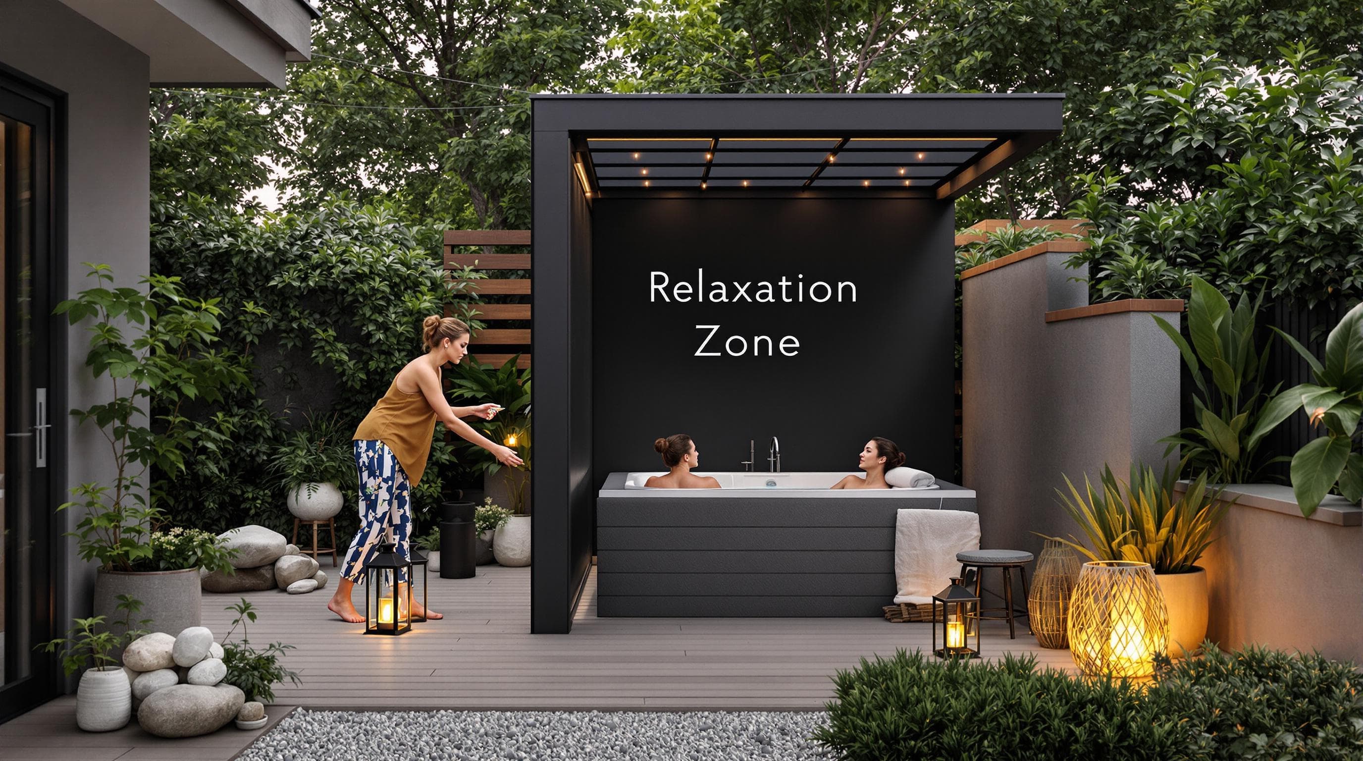 Home outdoor patio designed for relaxing wellness bathing