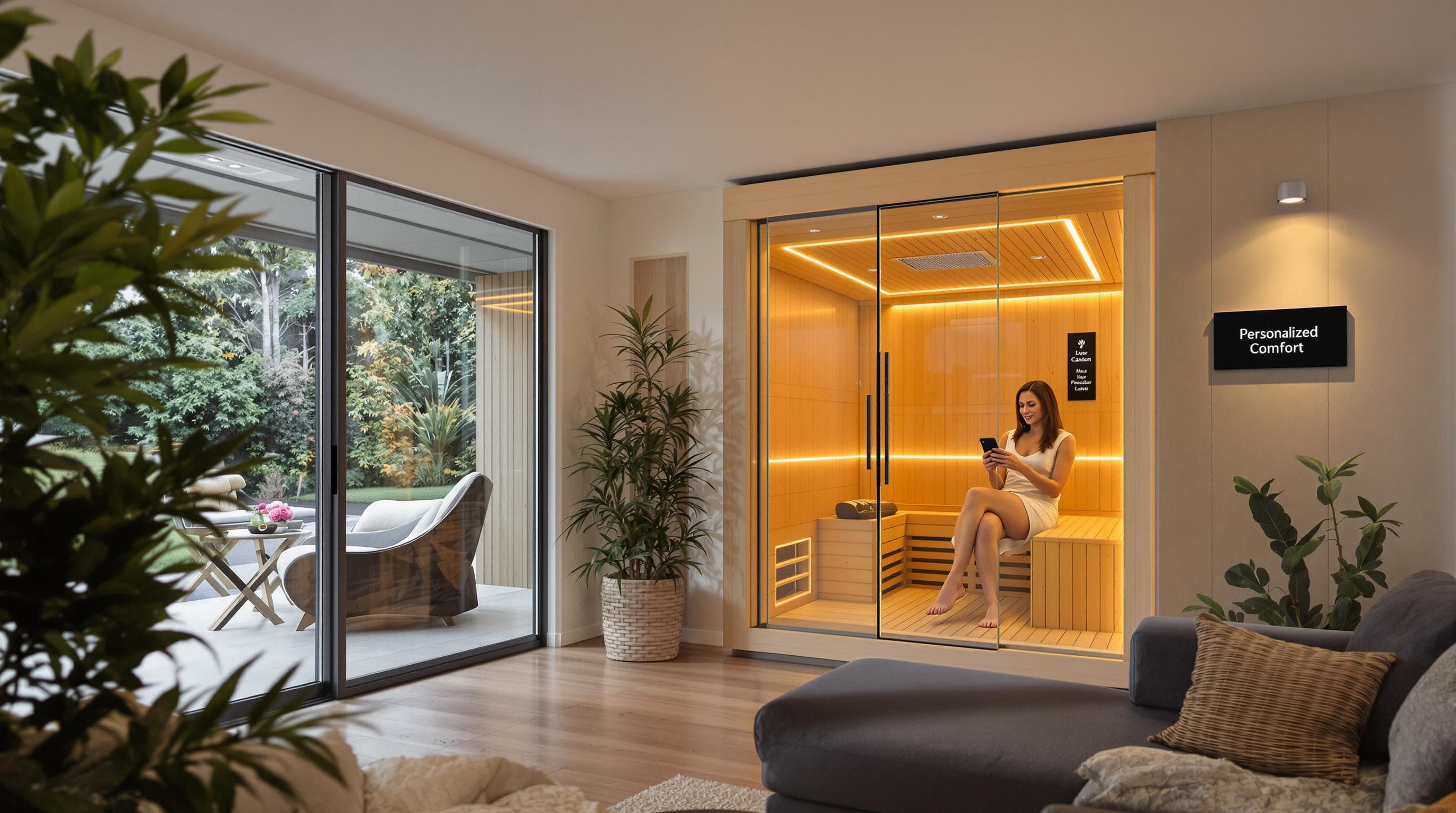 Modern home sauna with smart controls and relaxed users