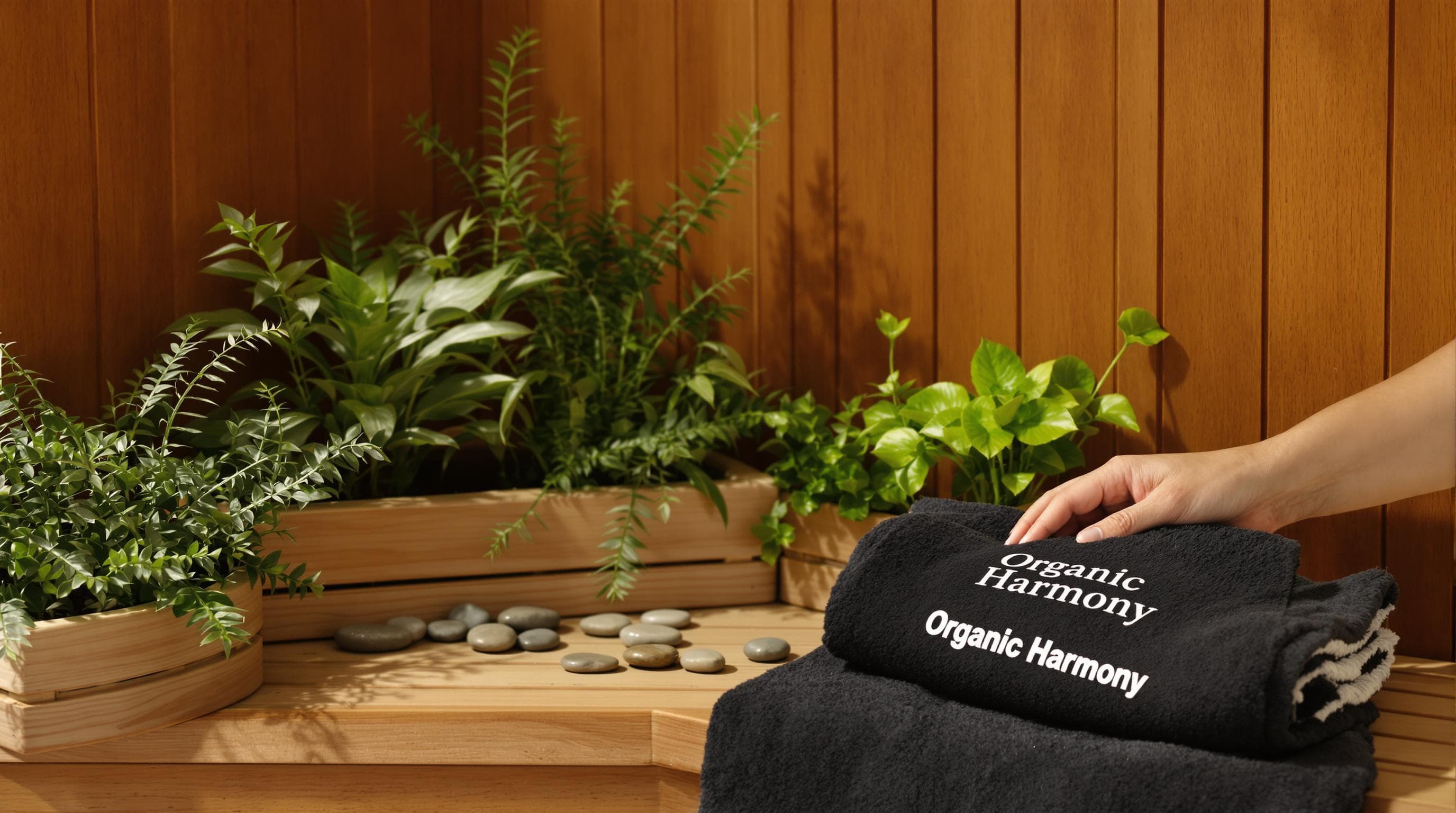 Plants and river stones enhance sauna with 'Organic Harmony' text on towel