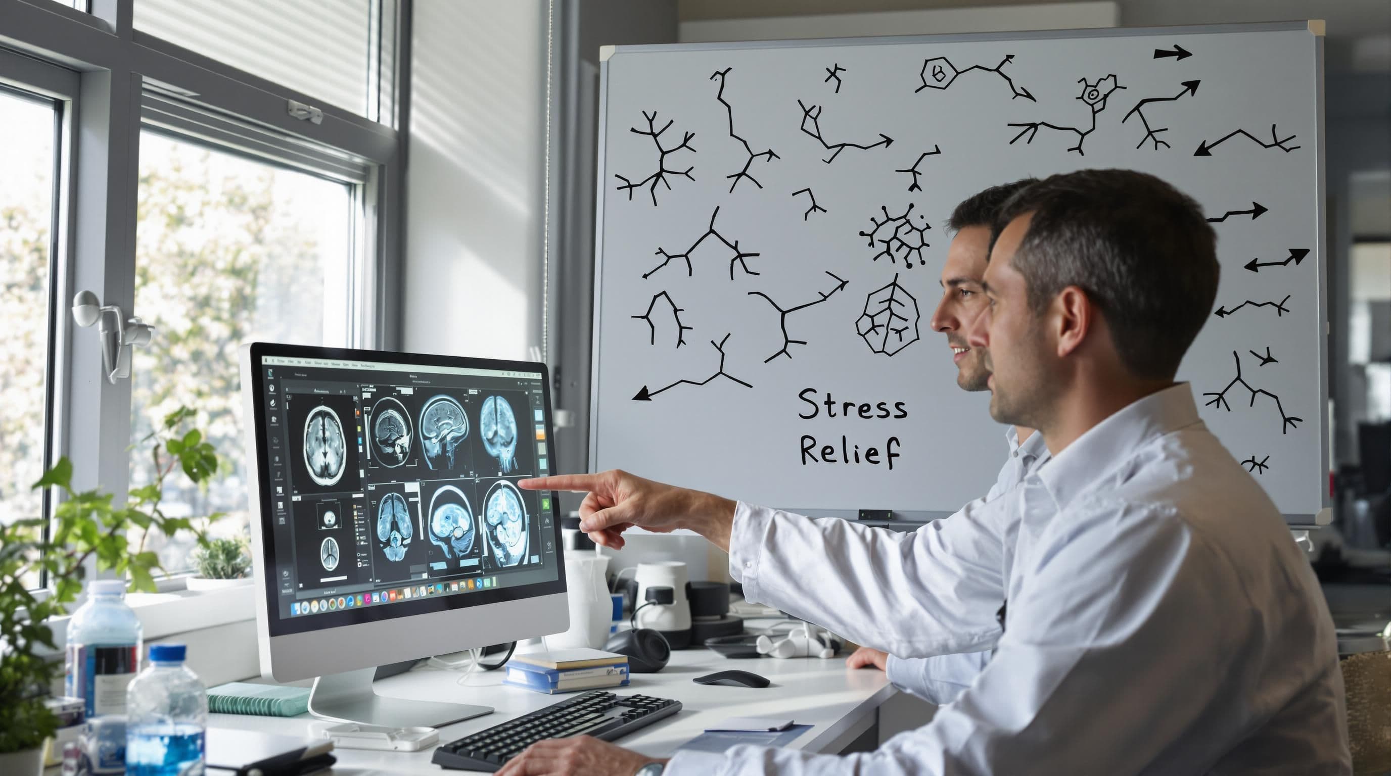 Researchers examine brain scans with 'Stress Relief' on whiteboard