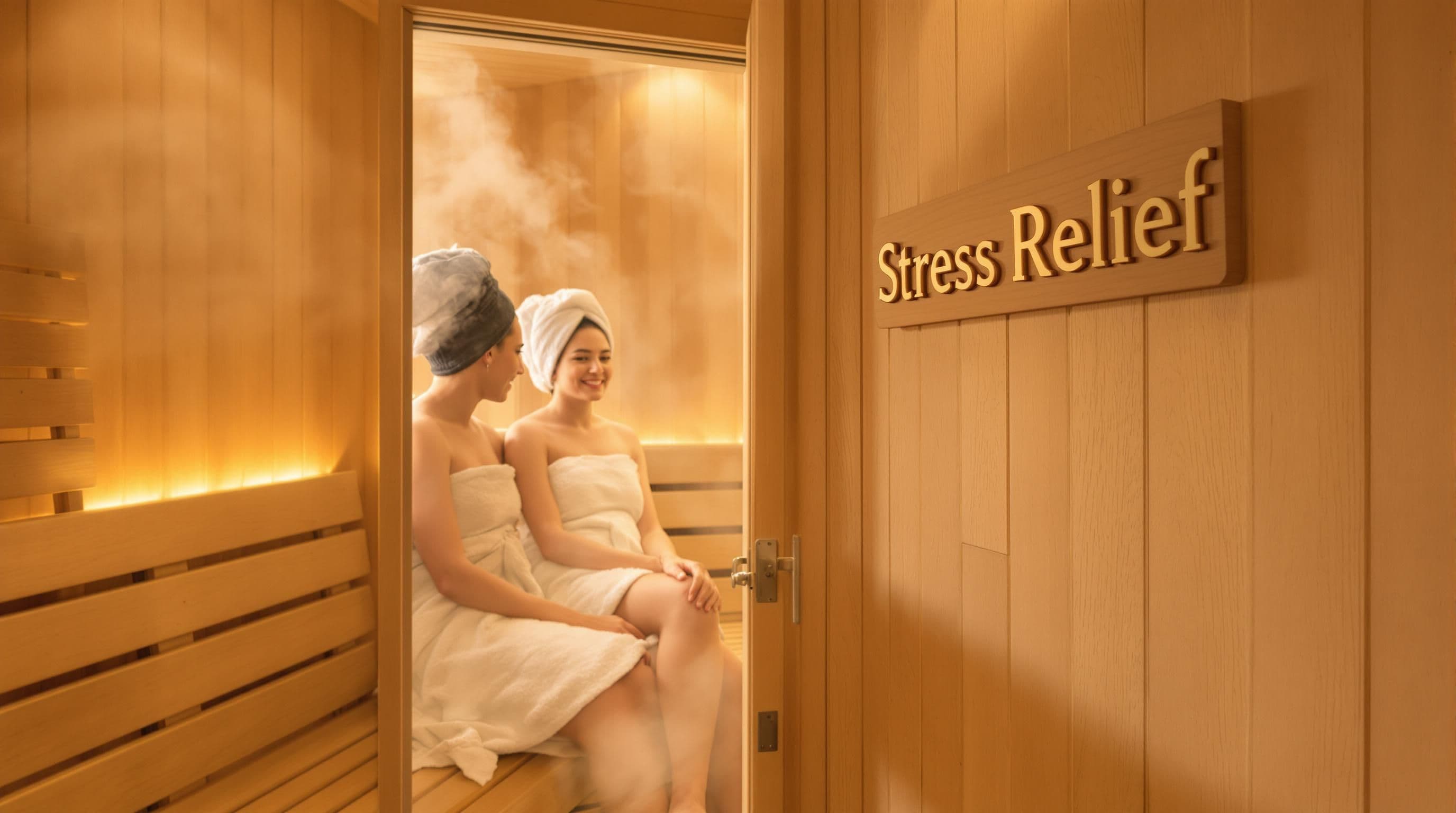 Friends sharing supportive conversation in a warm sauna with a sign showing 'Stress Relief'