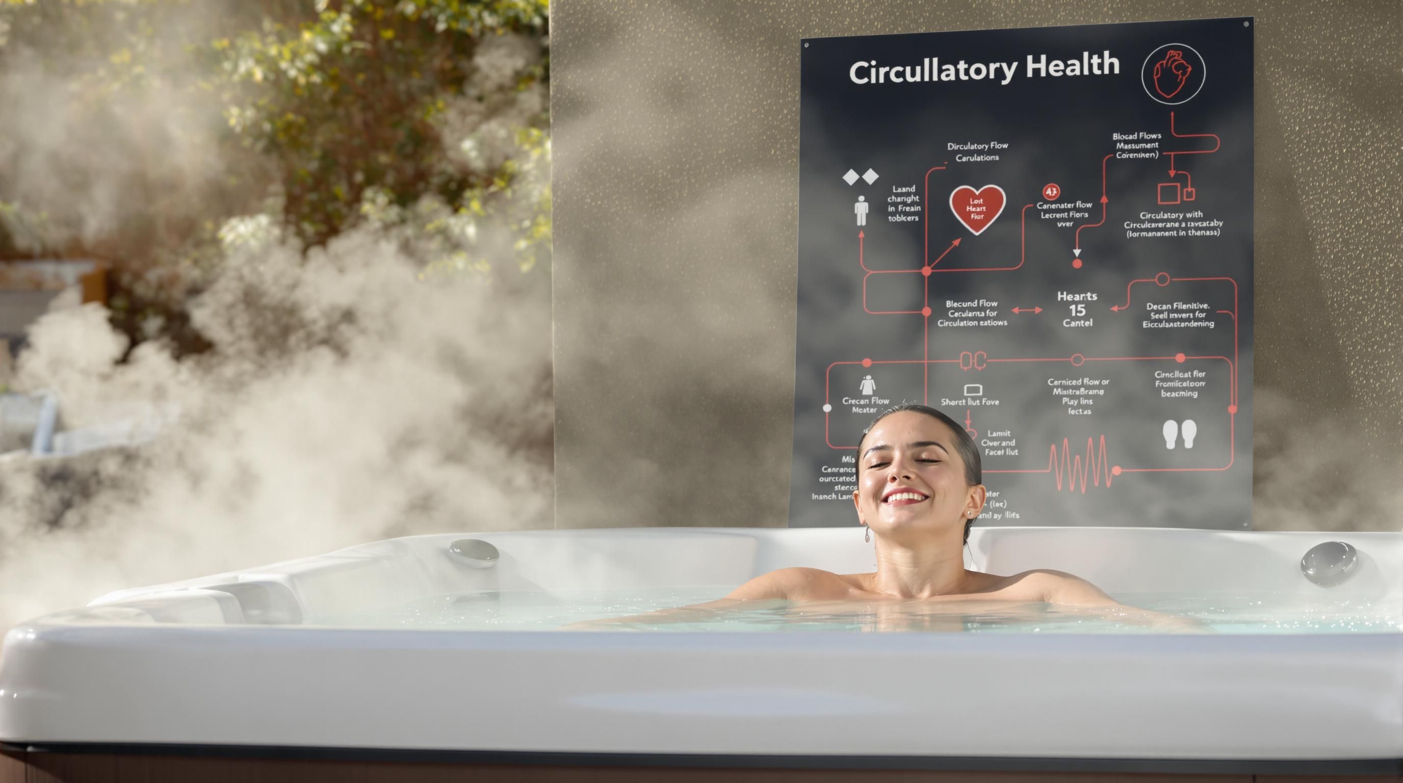 Person enjoying hot tub with 'Circulatory Health' poster in background