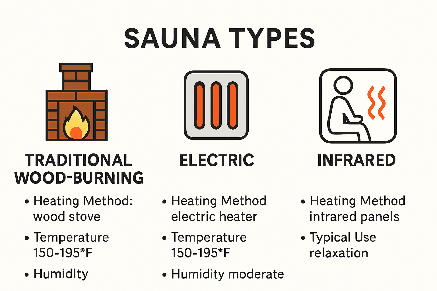 Sauna types comparison chart with heat and benefit breakdown