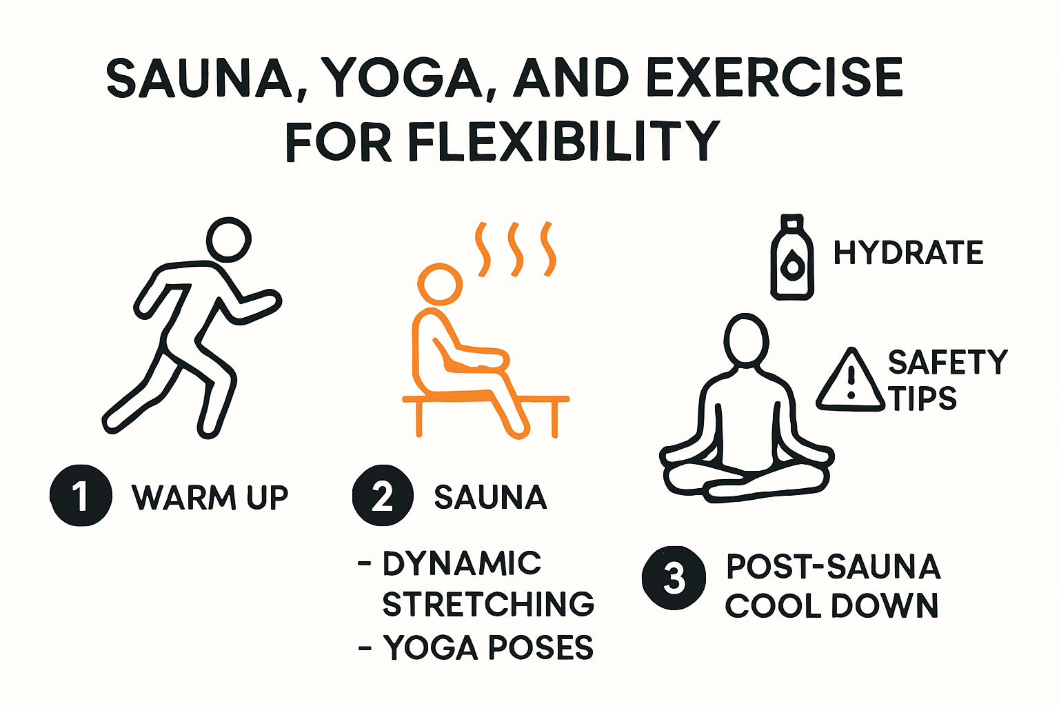 Infographic showing steps to combine sauna, yoga, and stretching for flexibility