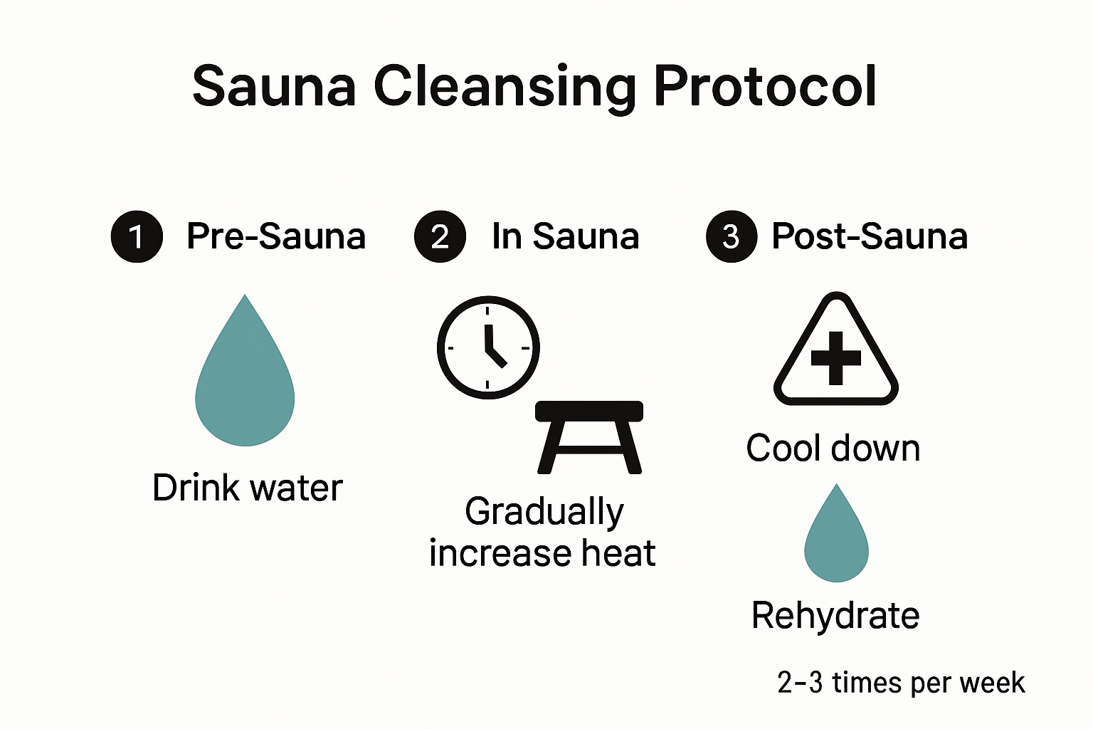Sauna cleansing process steps with hydration and safety icons