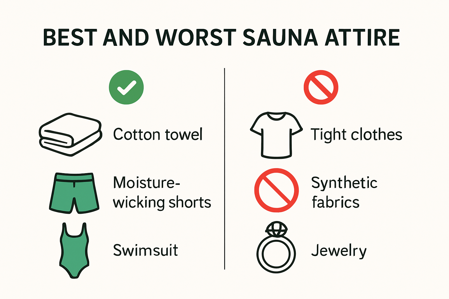 Infographic comparing recommended and prohibited sauna clothing