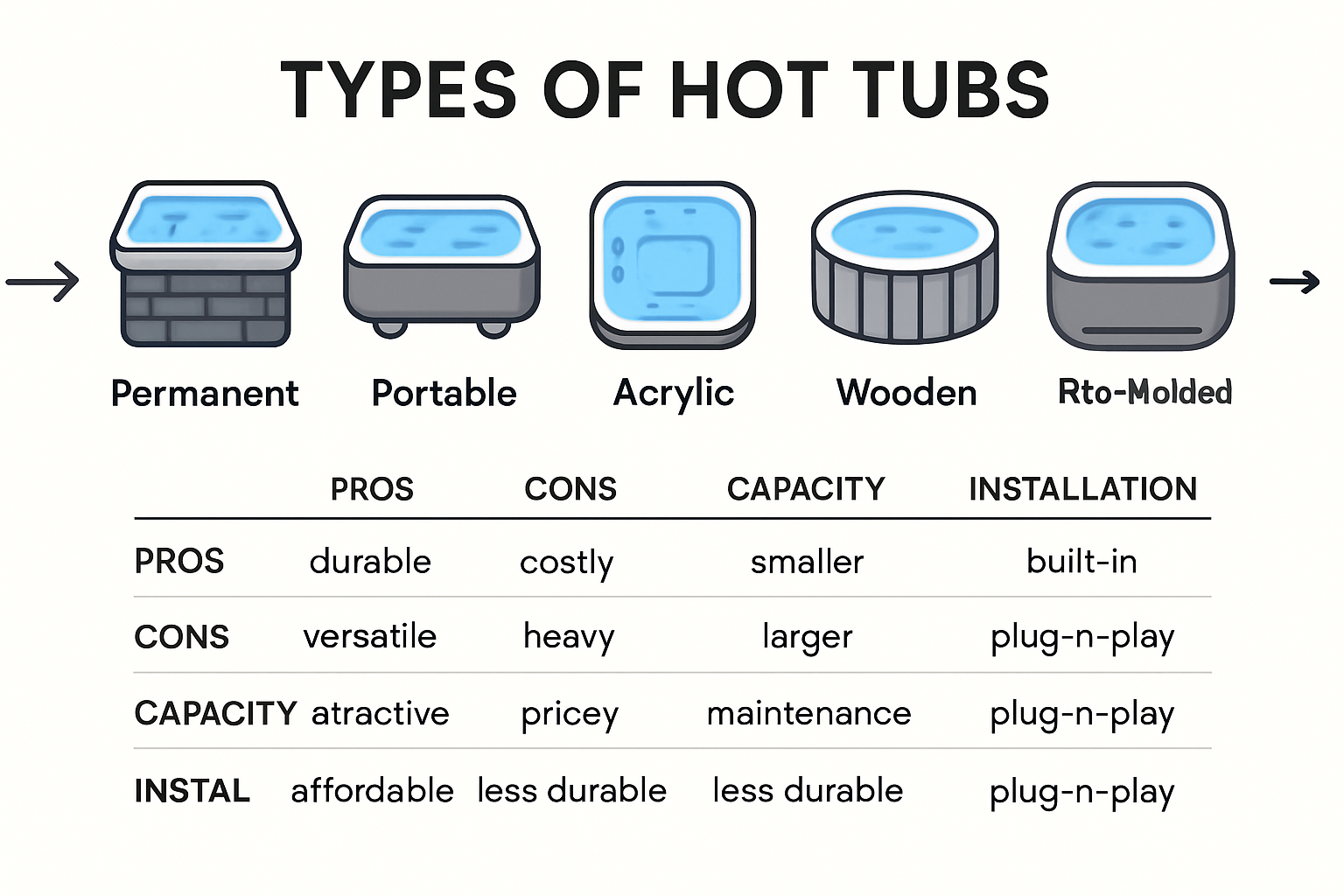 Infographic showing hot tub types and features