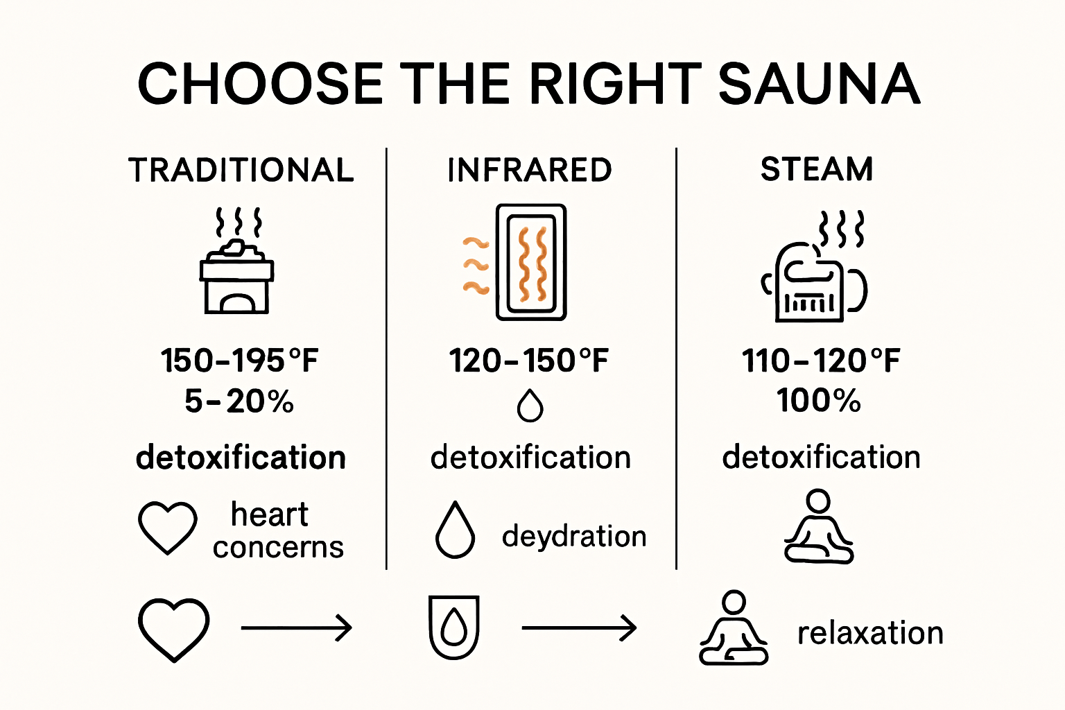 Infographic comparing sauna types, benefits, and health considerations