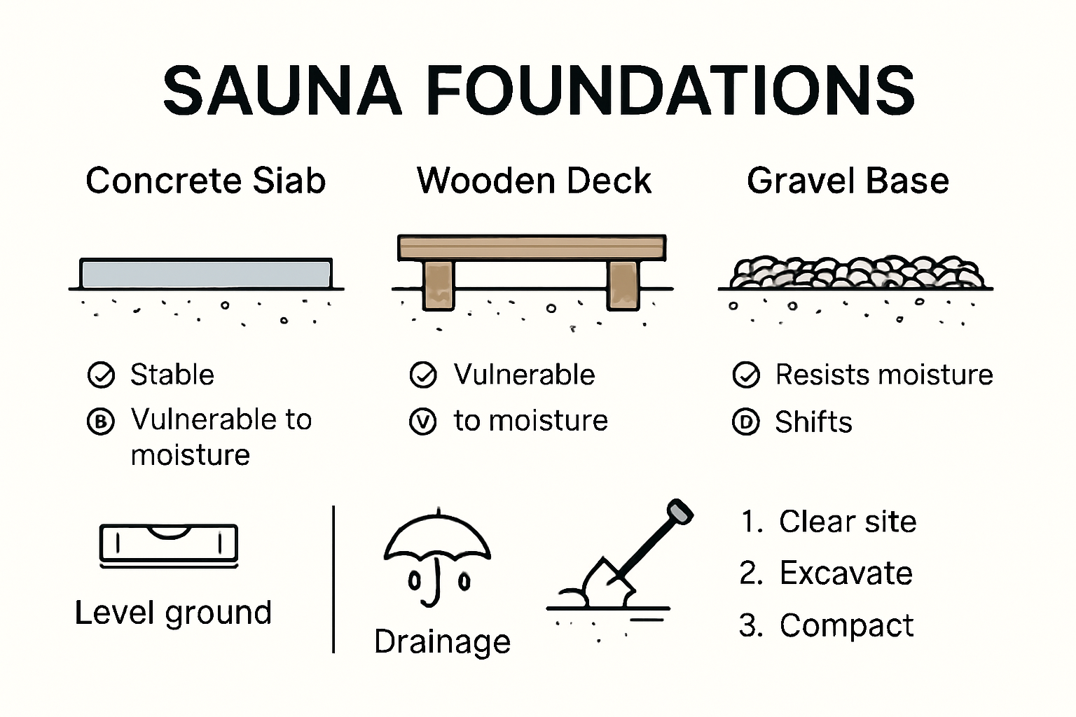 Infographic comparing outdoor sauna foundation types and installation steps