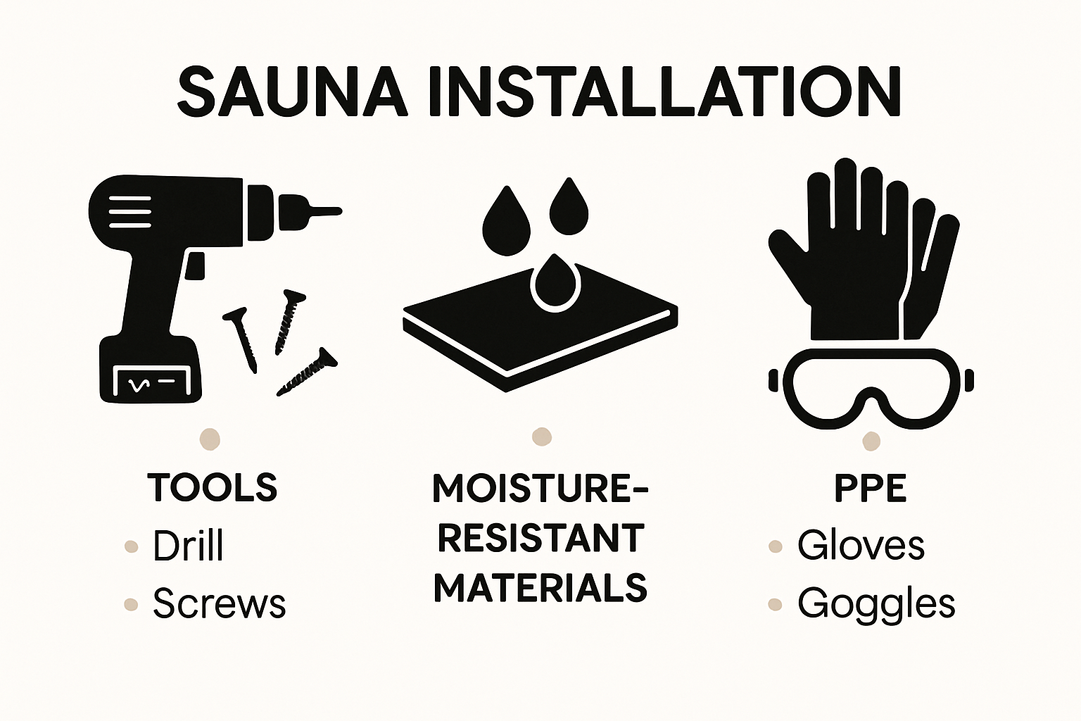 infographic showing sauna installation tools and safety gear