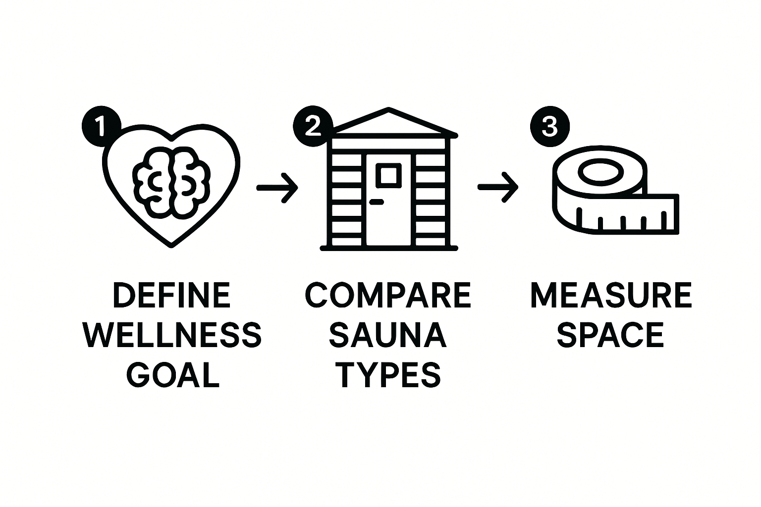 Three-step infographic showing defining wellness goals, comparing sauna types, and measuring space