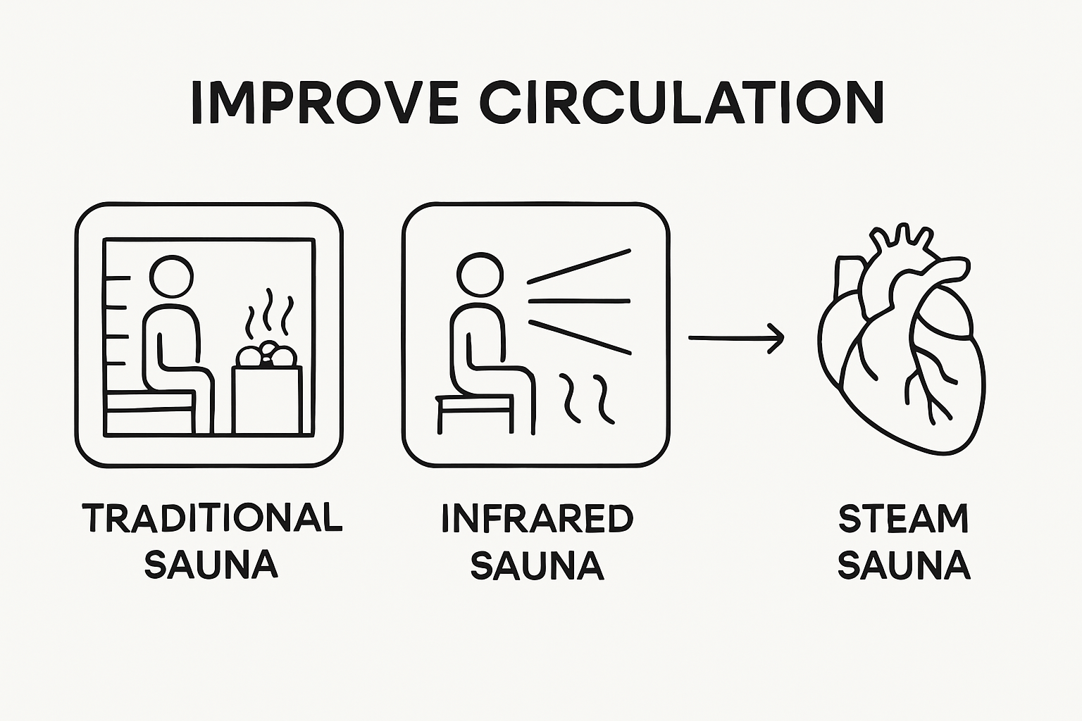 Three types of saunas improving blood circulation illustrated by icons.