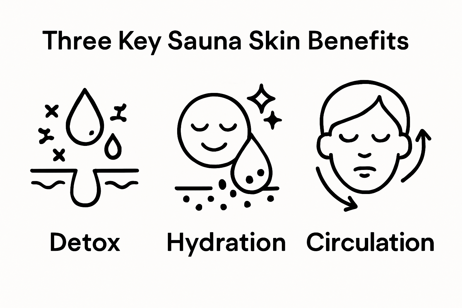 Three sauna skin benefits illustrated as icons: detox, hydration, and circulation.