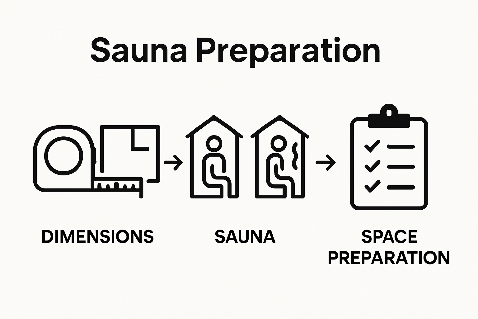 Icon sequence showing space assessment, sauna type selection, and preparation steps.