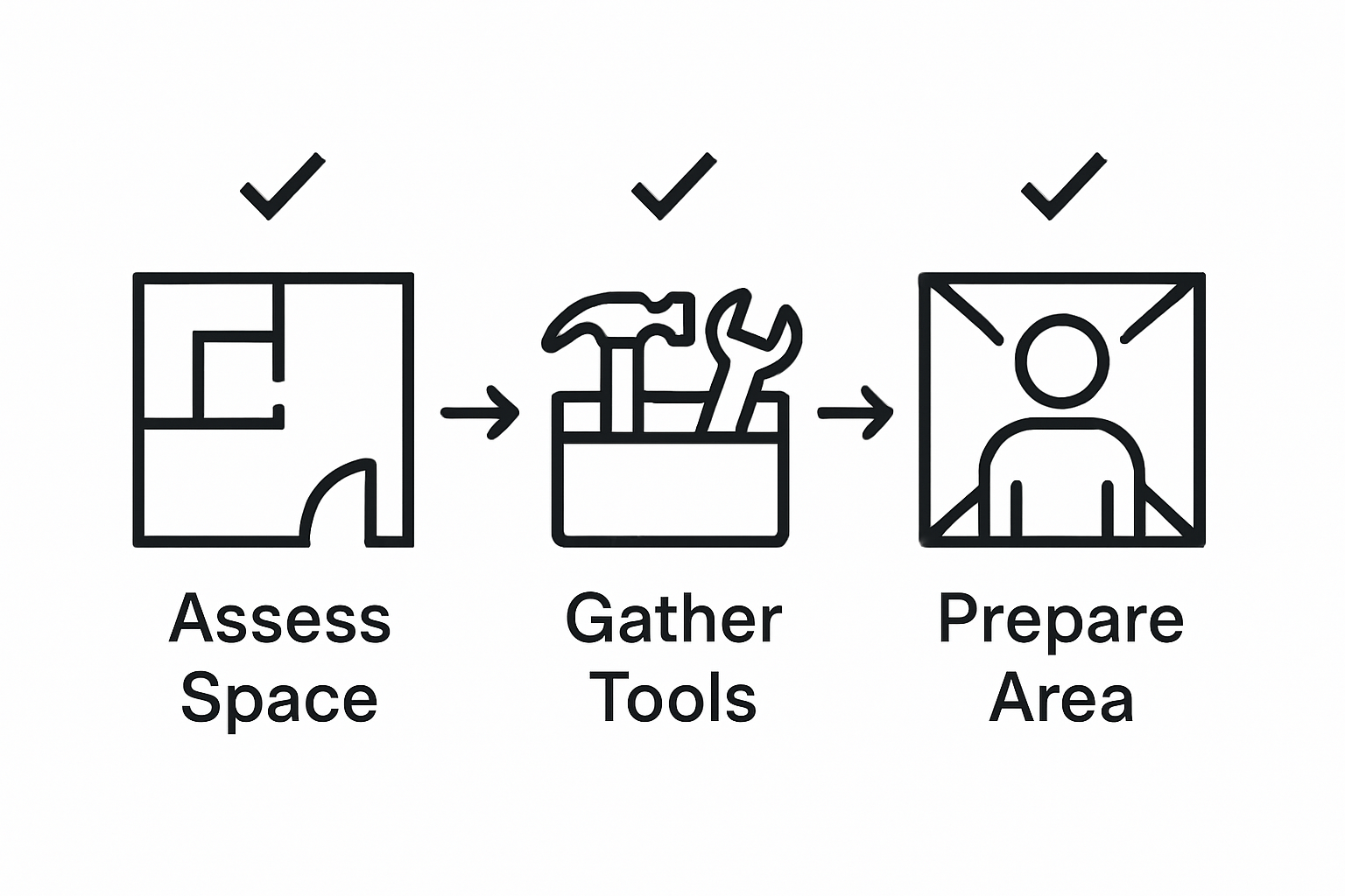 Three-step sauna installation workflow: assess space, gather tools, prepare area