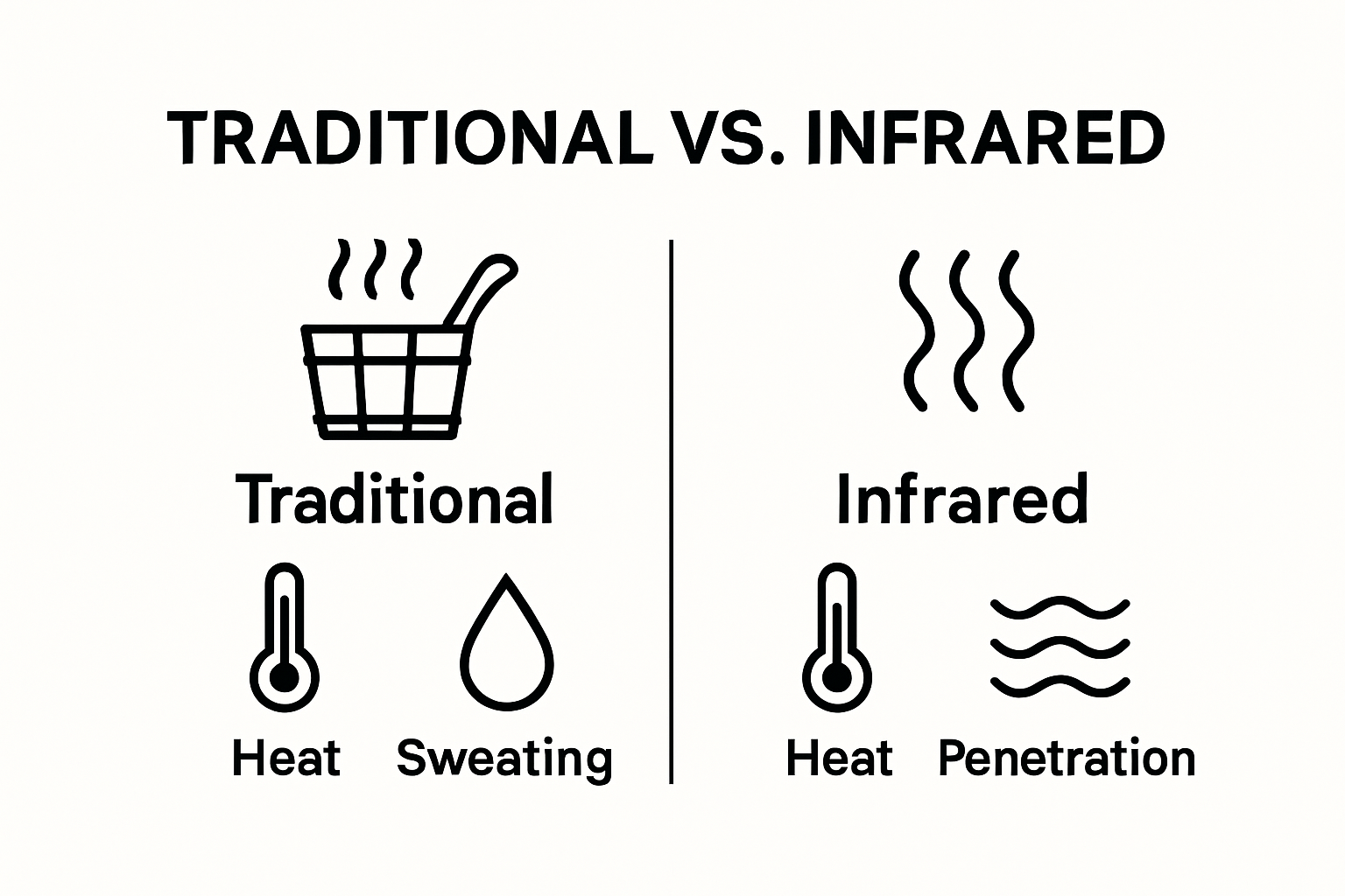 Traditional vs Infrared Sauna comparison infographic with icons