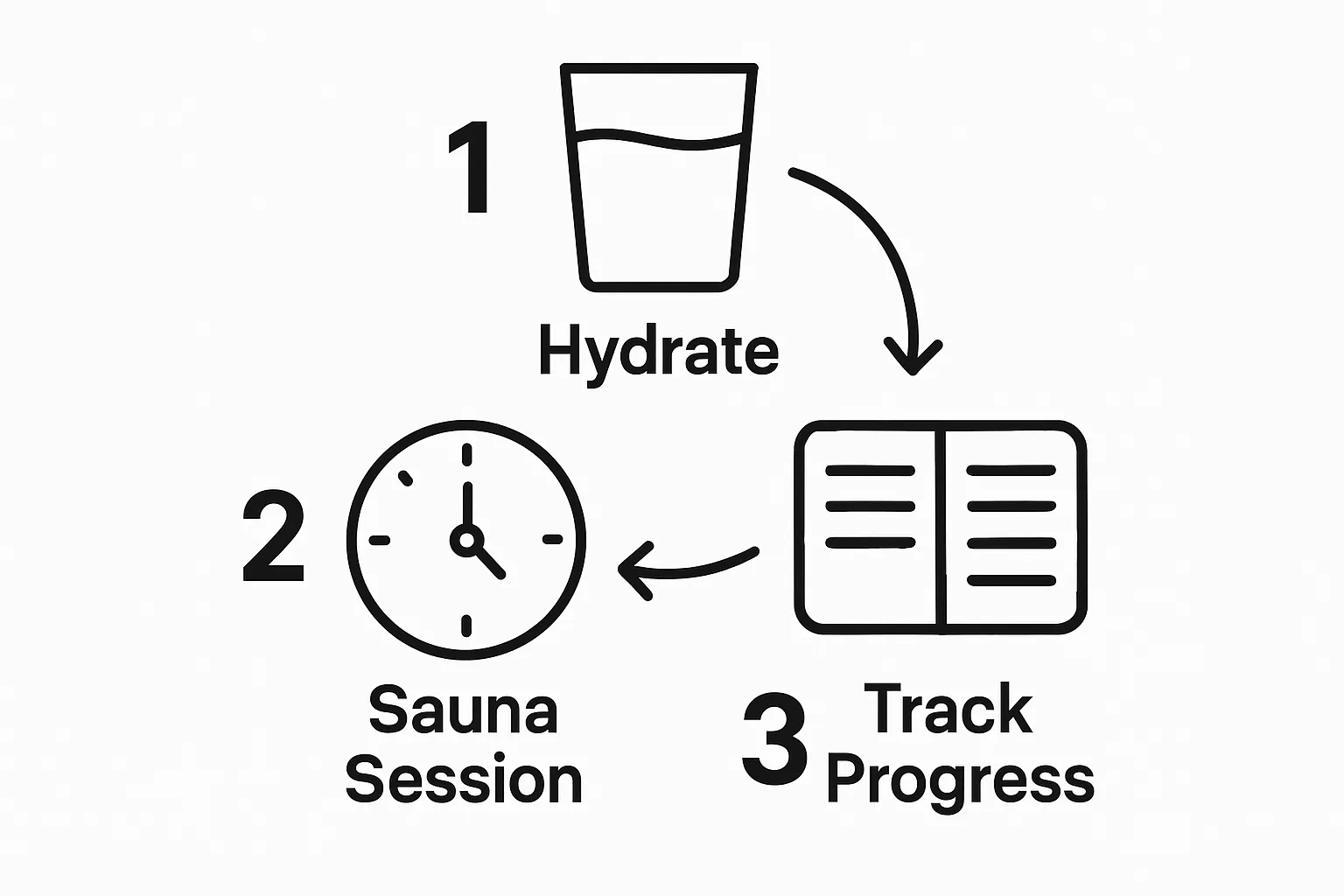 Three step sauna session preparation and follow-up diagram with icons for hydration, session time, and journal.