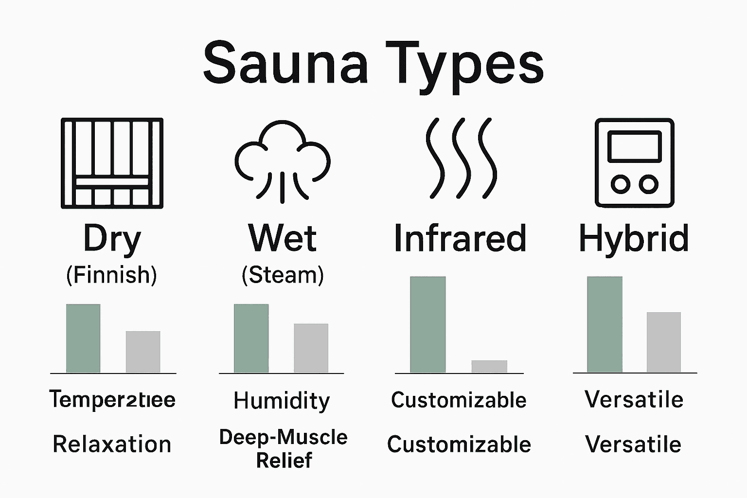 Infographic comparing dry, wet, infrared, and hybrid saunas for mental health benefits and features.