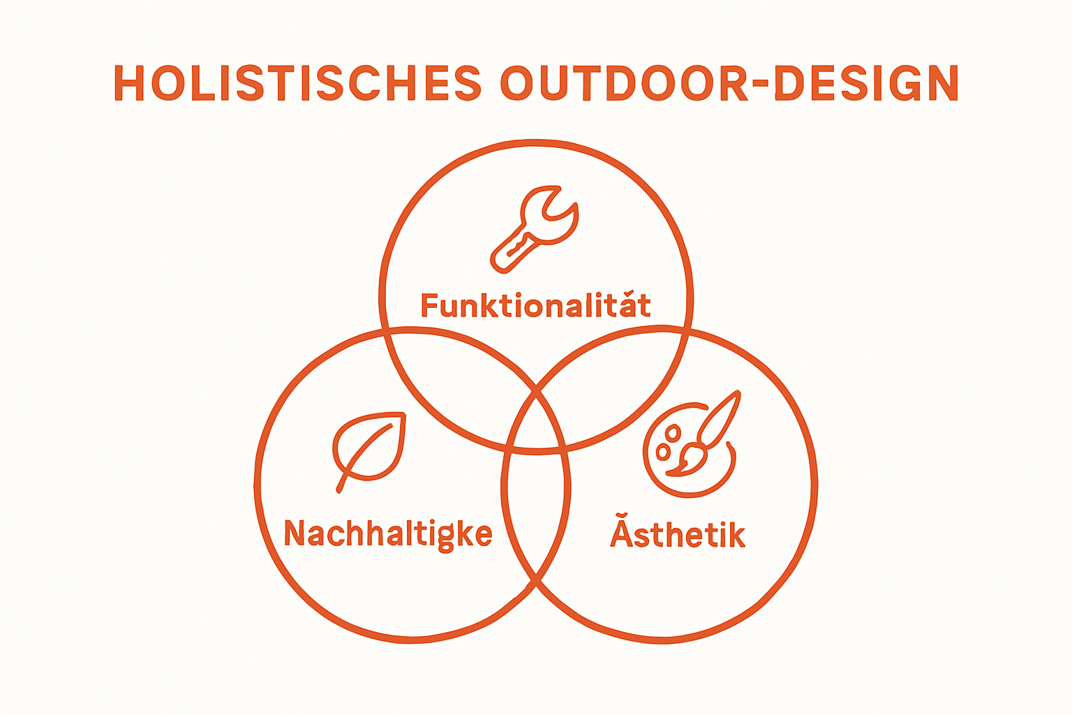 Einfache Venn-Diagramm-Infografik zu den Grundprinzipien Funktionalität, Ästhetik, Nachhaltigkeit im Outdoor-Design
