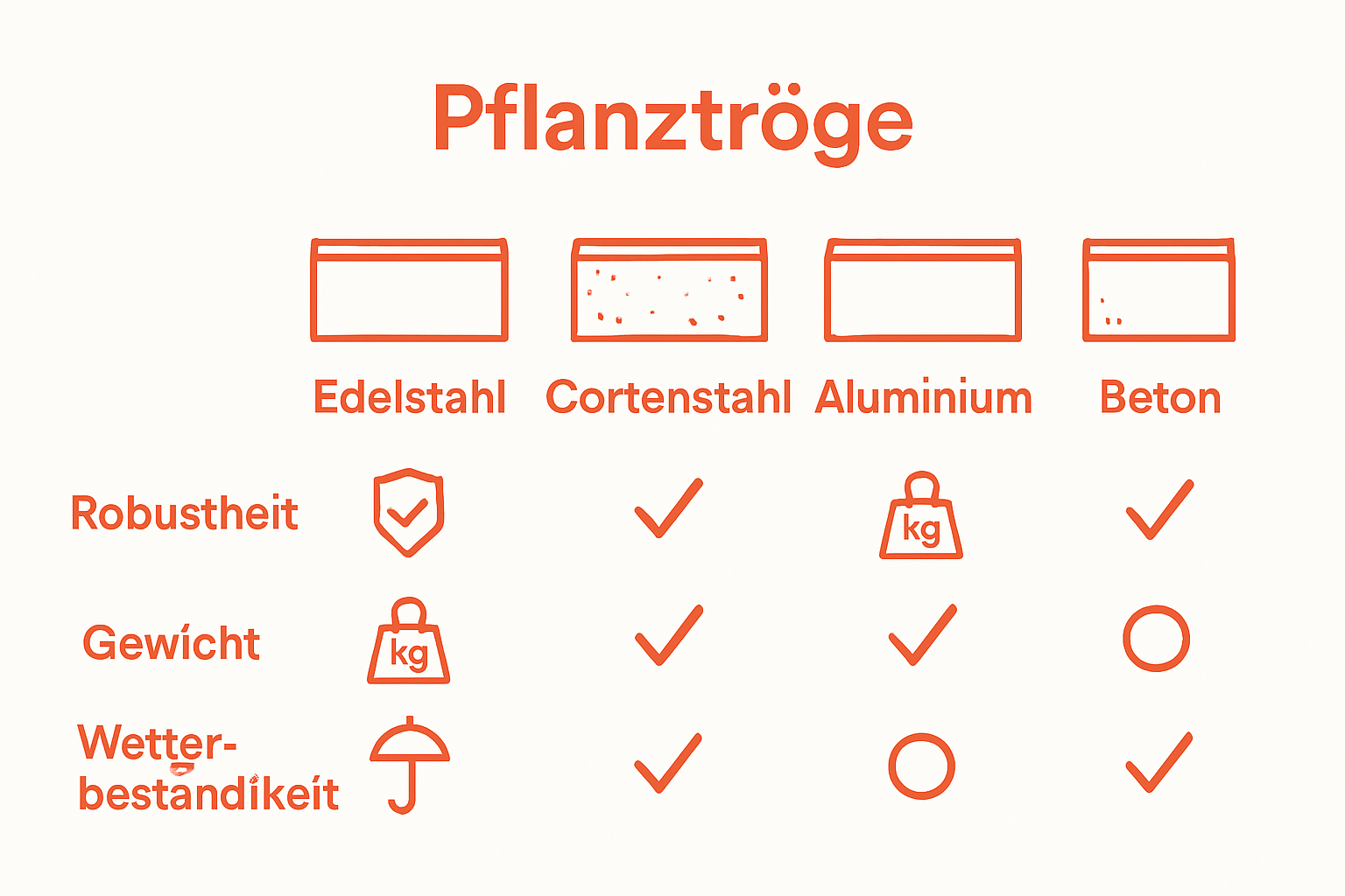 Vergleich von Pflanztrog-Materialien: Edelstahl, Cortenstahl, Aluminium und Beton