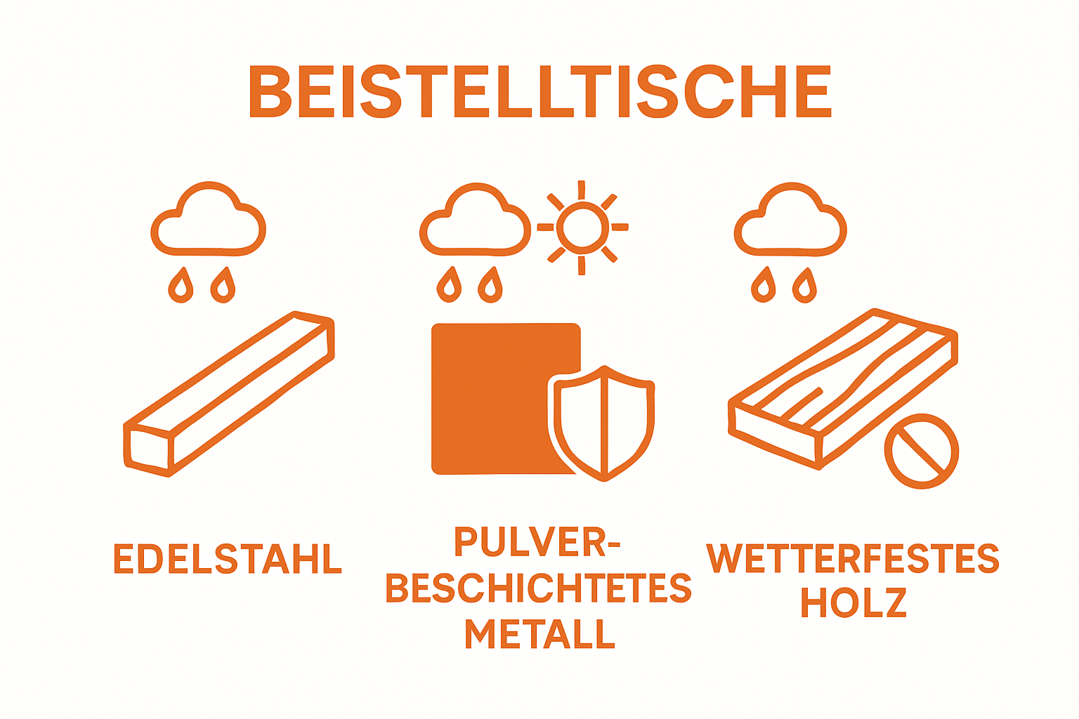 Comparison of three weather-resistant materials for outdoor side tables: stainless steel, powder-coated metal, and weatherproof wood.