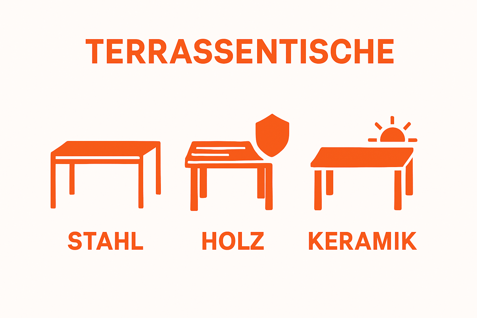 Three icons comparing steel, wood, and ceramic terrassentische by weather resistance.