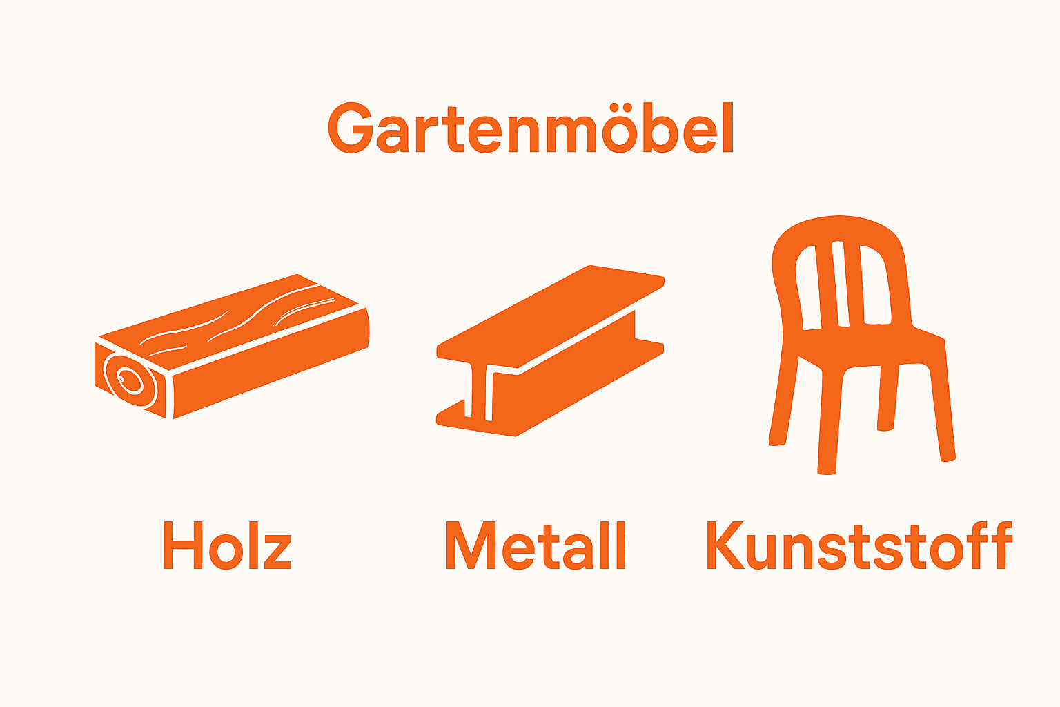 Three visual icons compare wood, metal, and plastic for garden furniture.