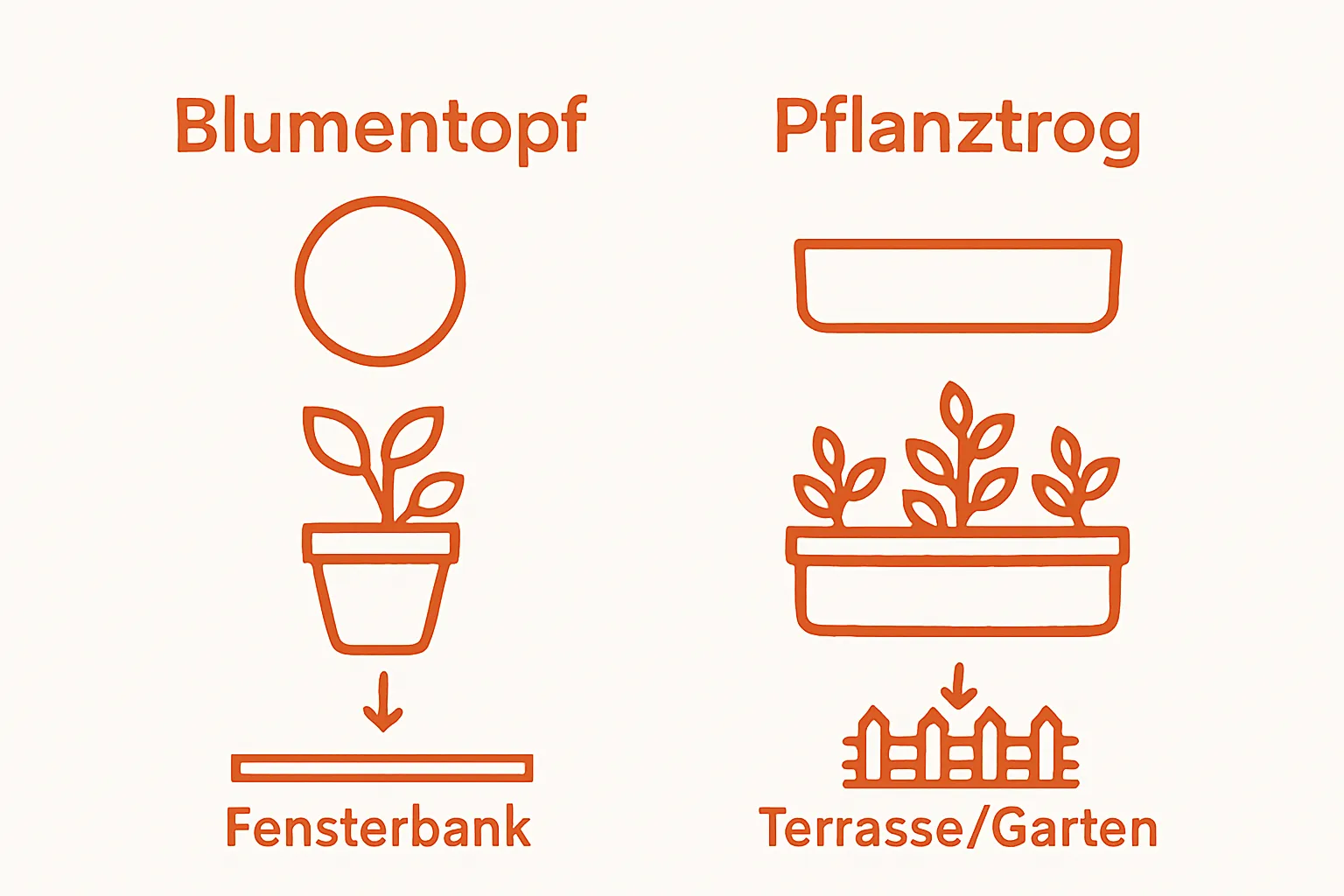 Grafik vergleicht Blumentopf und Pflanztrog in Form, Fassungsvermögen und Einsatzort.