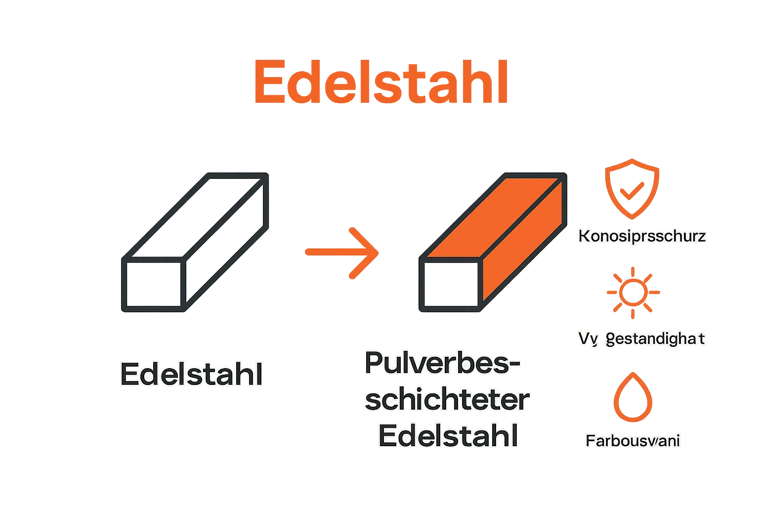 Side-by-side visual of untreated vs. powder-coated stainless steel with key benefit icons.
