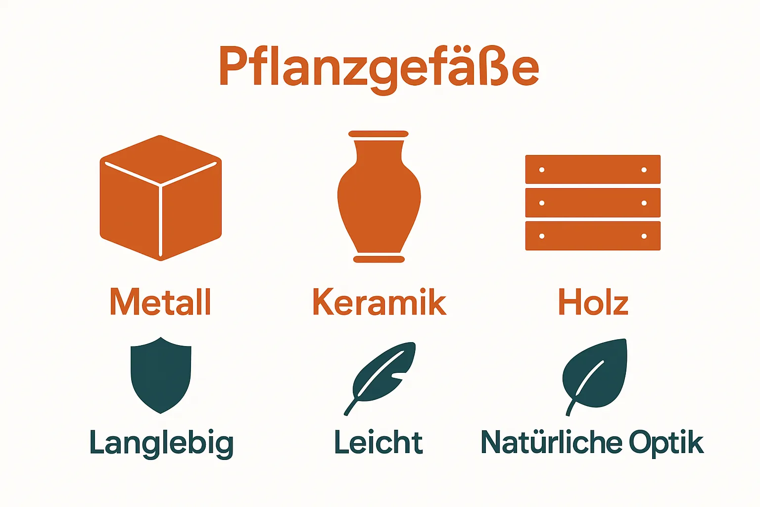 Side-by-side comparison of metal, ceramic, and wood plant containers with icons for durability, weight, and appearance.