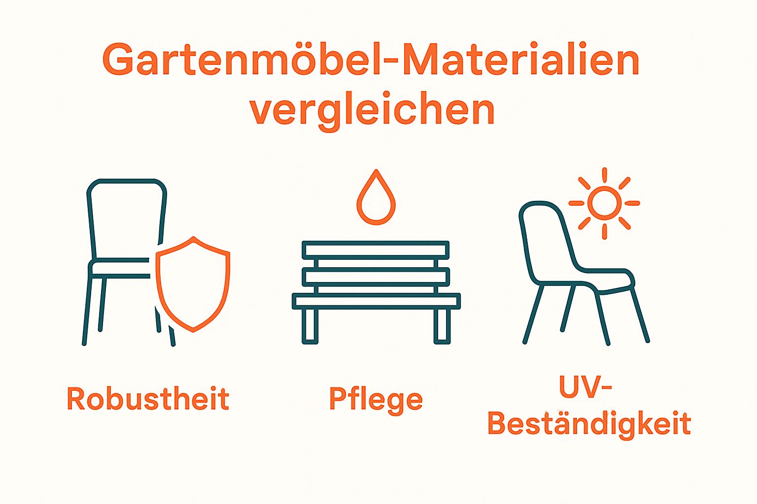 Infographic shows metal, wood, and plastic garden furniture with key characteristics