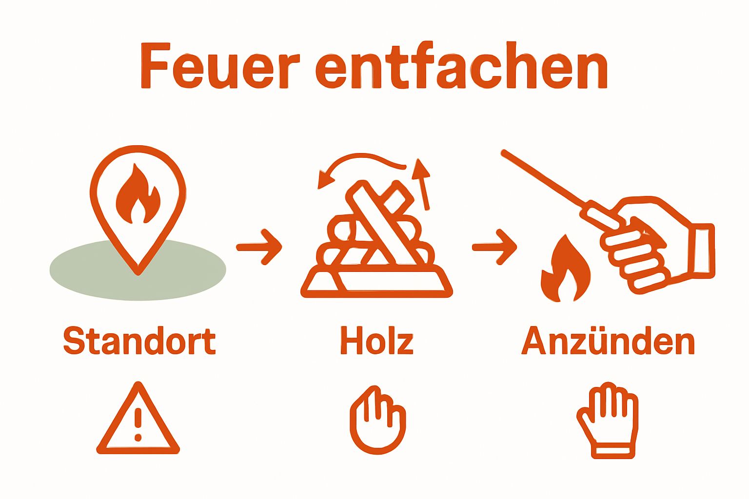 Infographic shows fire pit setup, pyramidal wood stack, and safe ignition in sequence